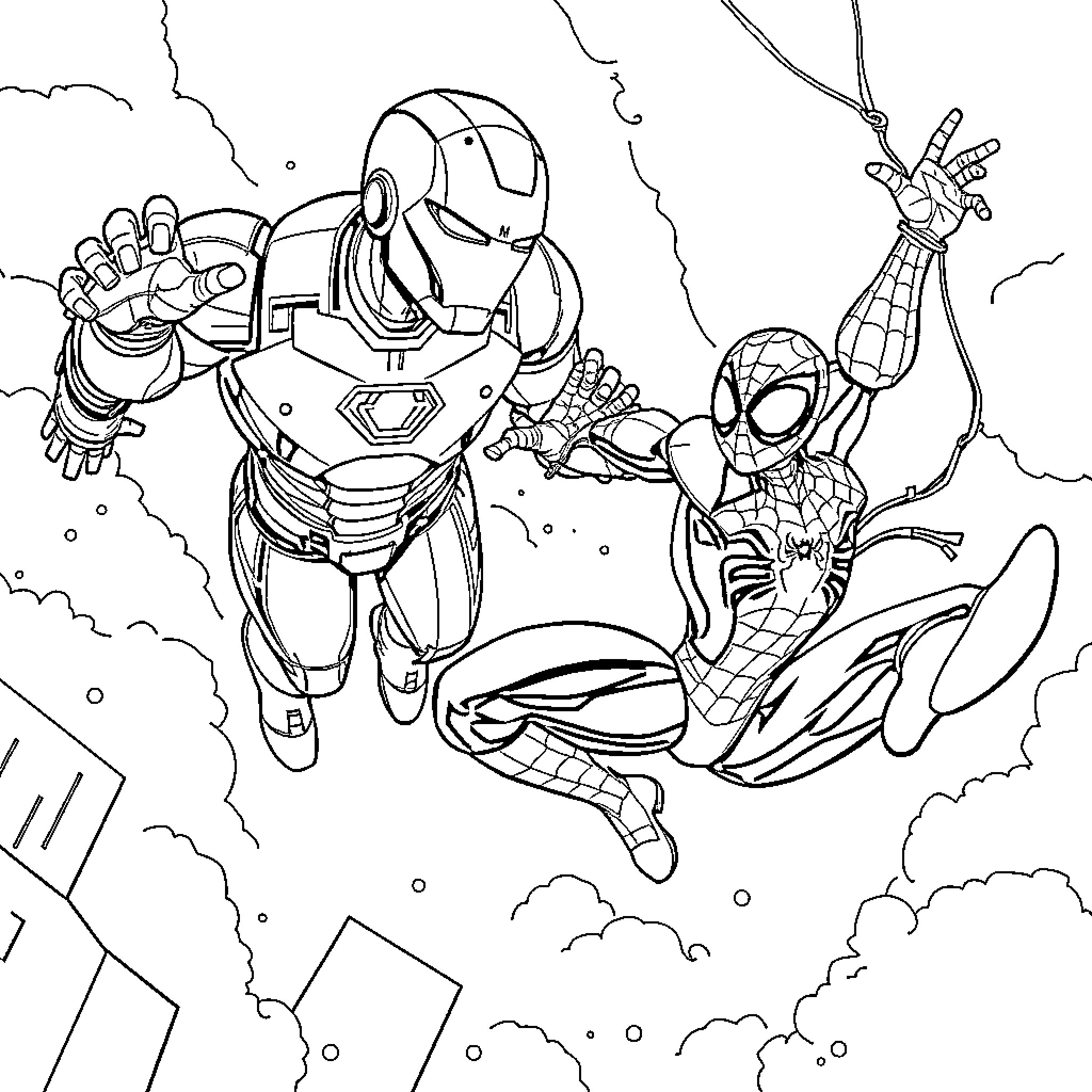 Iron Man and Spider-Man battling in the sky Coloring Page (free black-and-white line drawing printable PDF for all, from beginners to advanced learners, including children, teens, adults, and seniors)