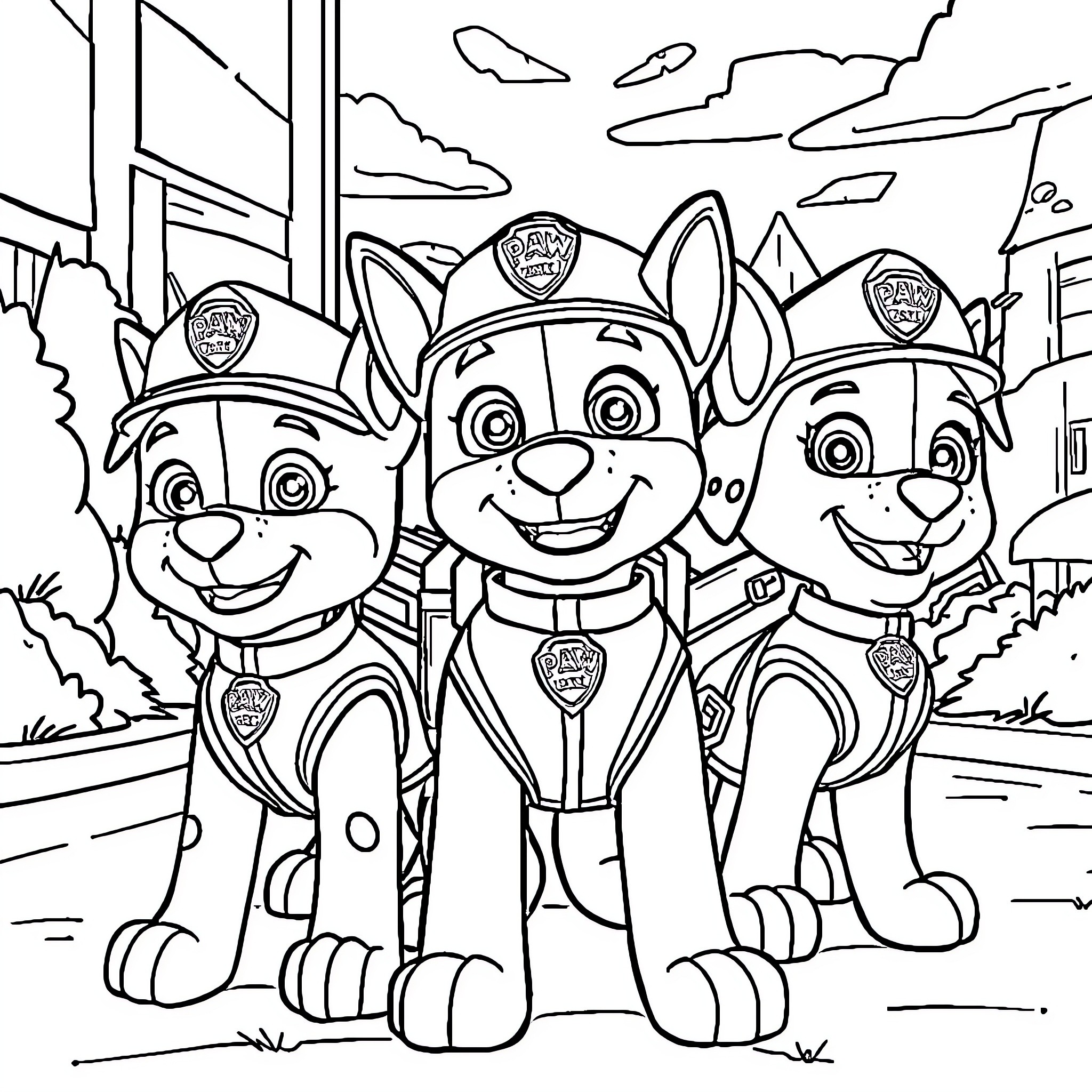 Paw Patrol puppies in their uniforms on duty Coloring Page (free black-and-white line drawing printable PDF for all, from beginners to advanced learners, including children, teens, adults, and seniors)
