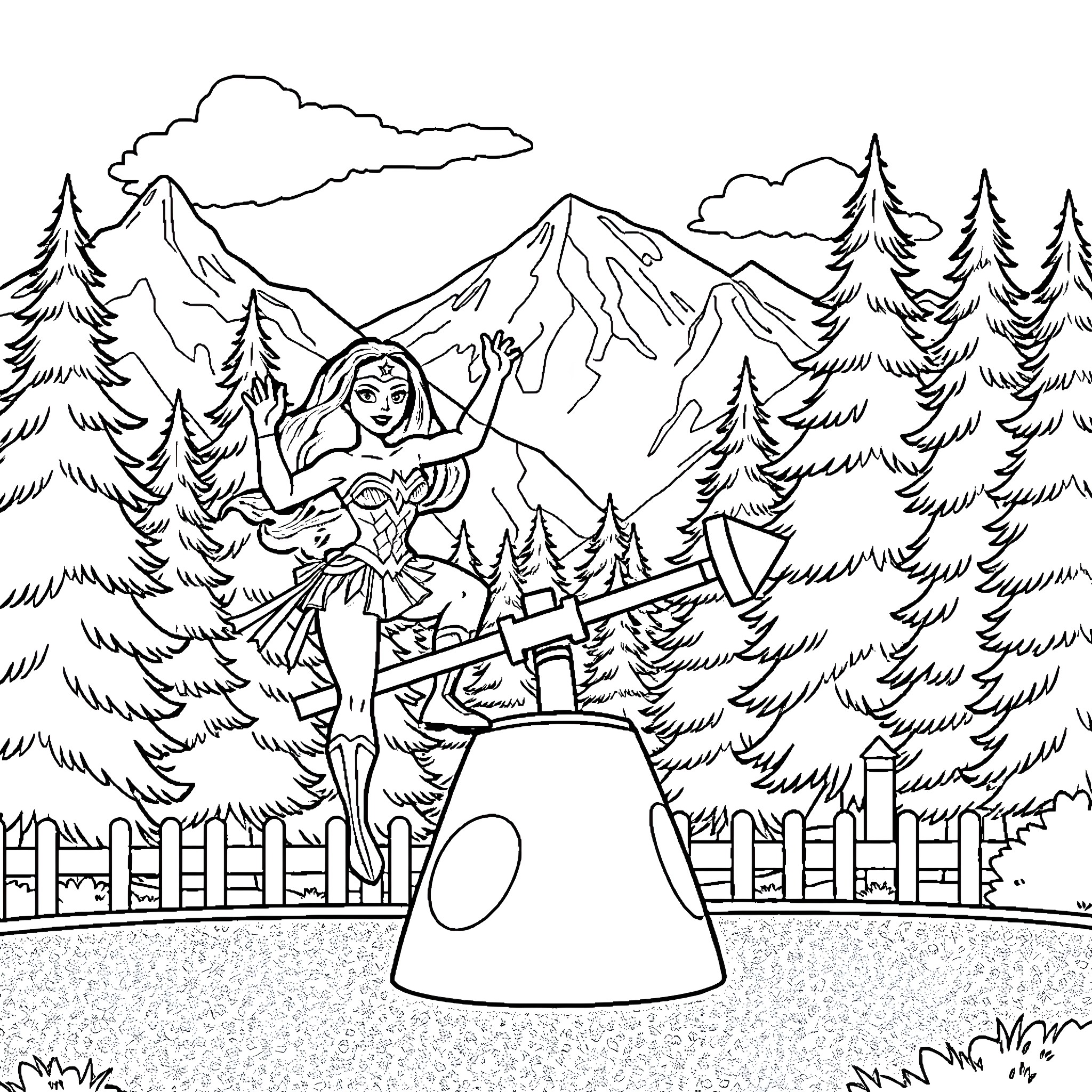 Wonder Woman heroically standing in mountain landscape Coloring Page (free black-and-white line drawing printable PDF for all, from beginners to advanced learners, including children, teens, adults, and seniors)