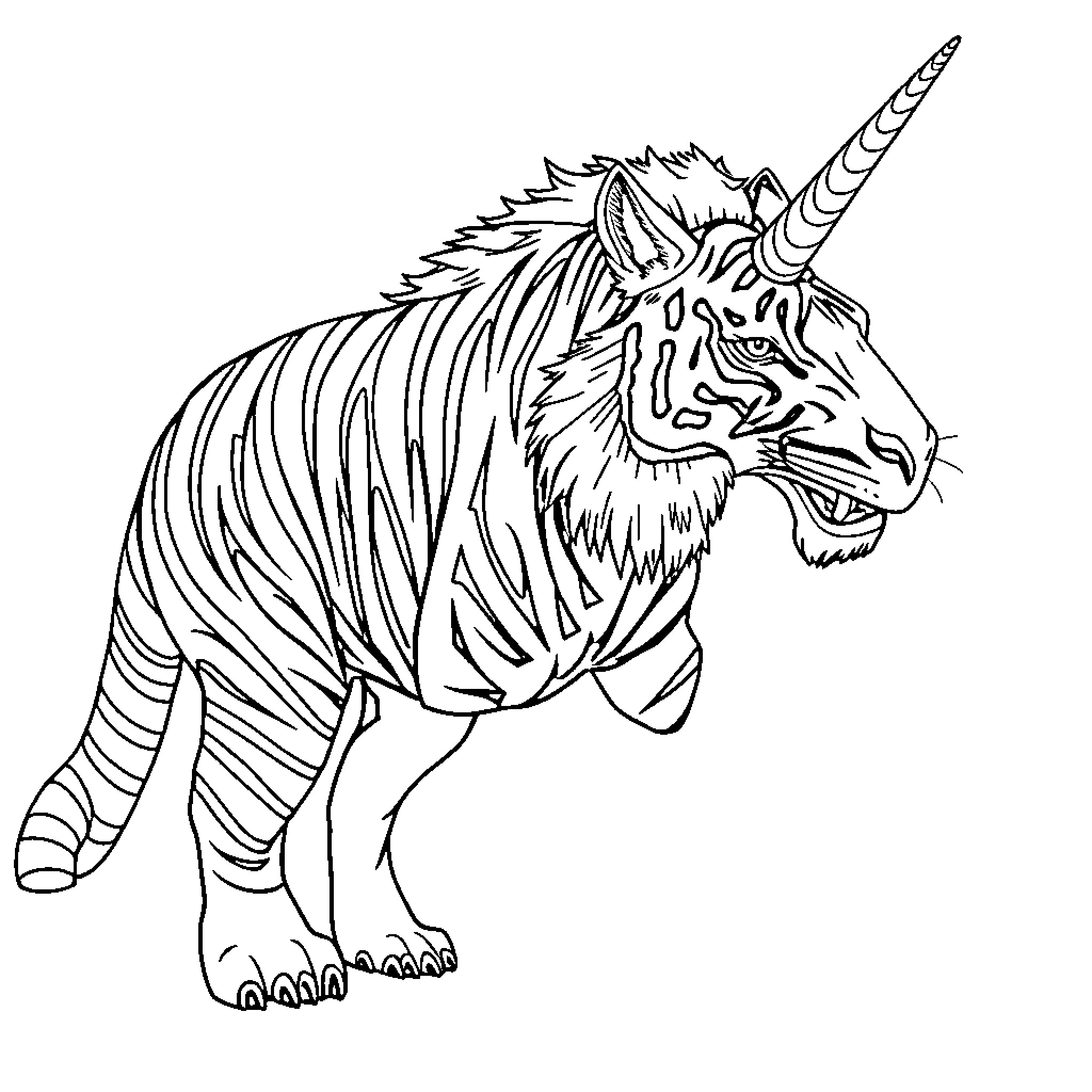 Tiger Unicorn Tyrannosaur roaring with ferocity Coloring Page (free black-and-white line drawing printable PDF for all, from beginners to advanced learners, including children, teens, adults, and seniors)