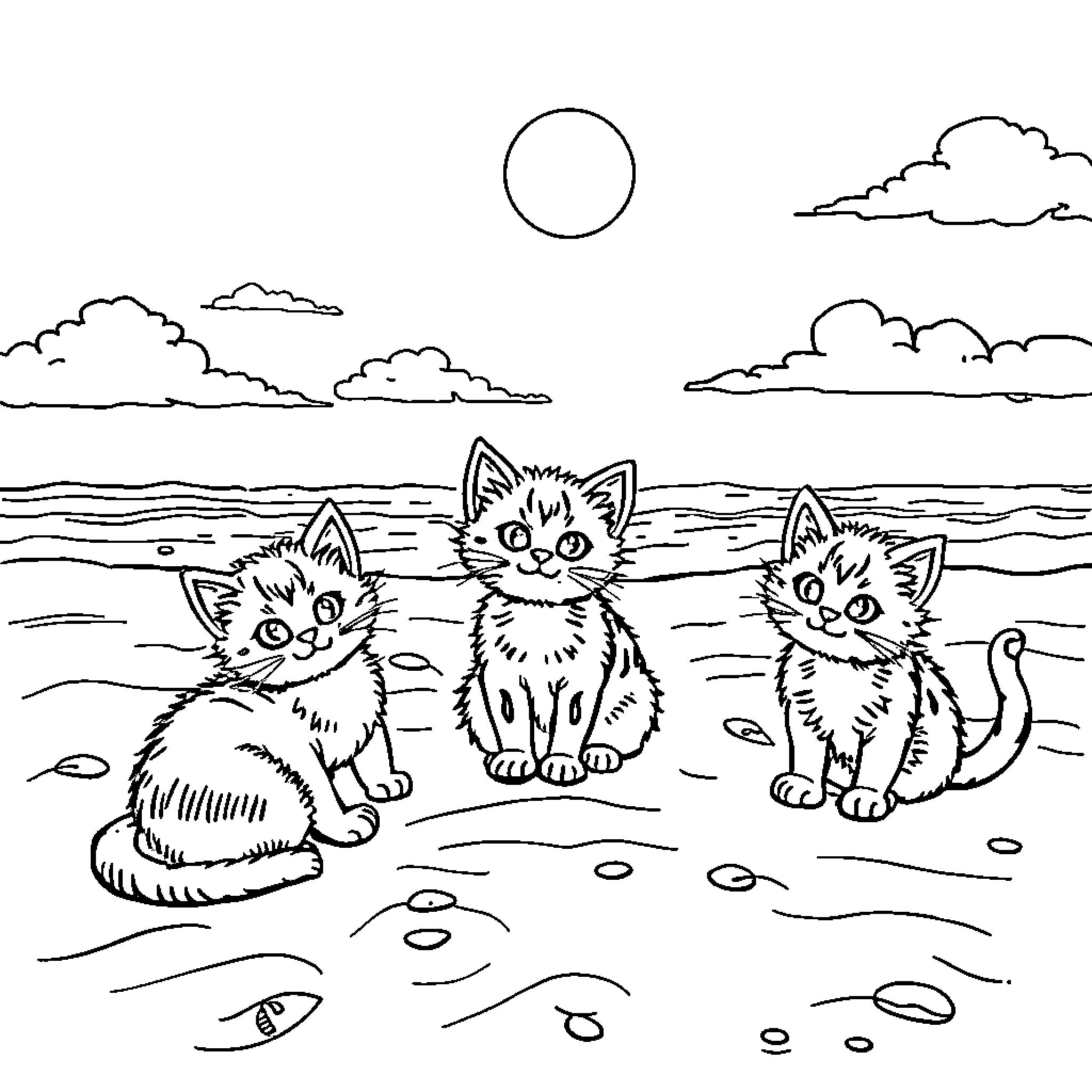 Cat kittens enjoying the beachscape Coloring Page (free black-and-white line drawing printable PDF for all, from beginners to advanced learners, including children, teens, adults, and seniors)