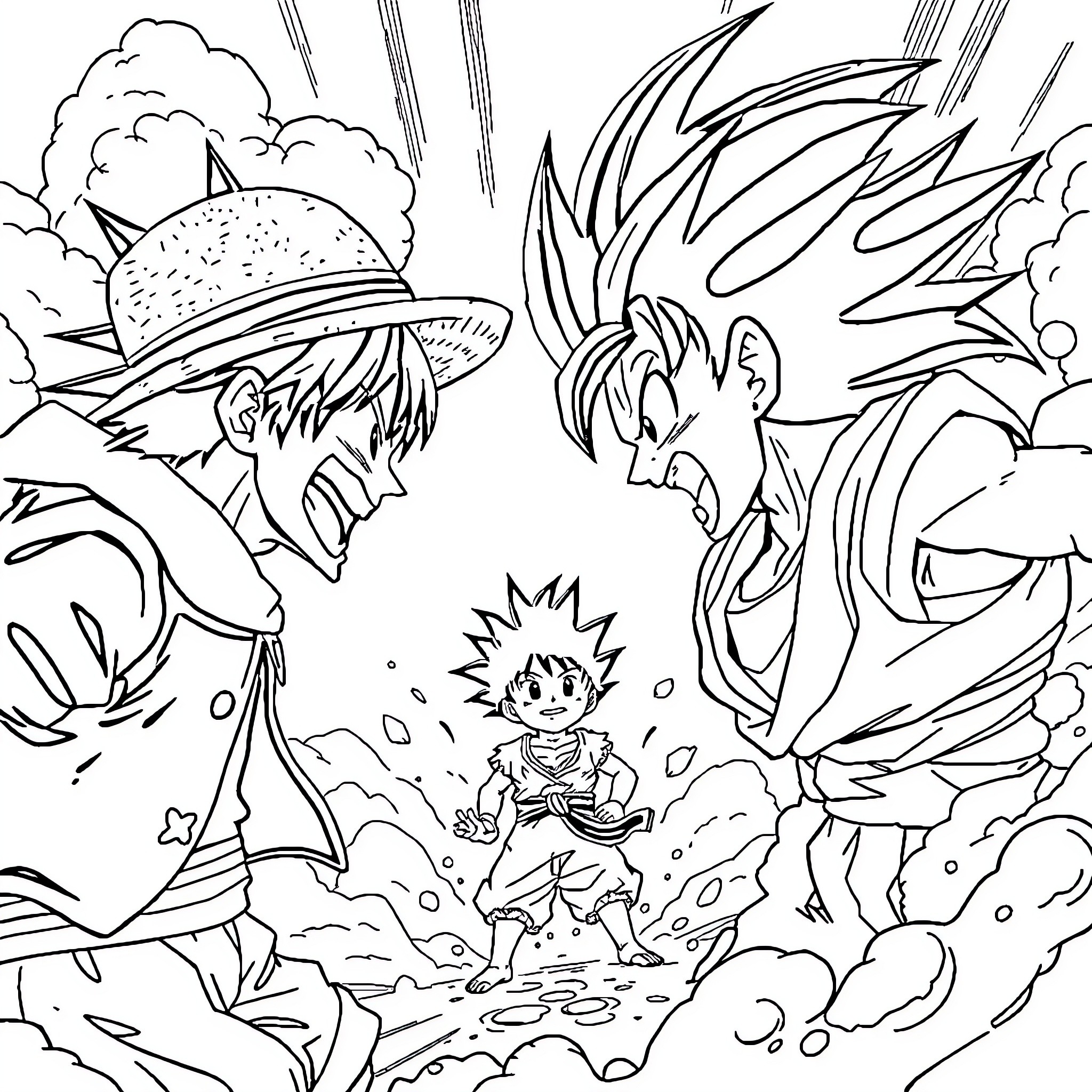 Luffy's Heroic Encounter in an Anime-inspired Scene Coloring Page (free black-and-white line drawing printable PDF for all, from beginners to advanced learners, including children, teens, adults, and seniors)