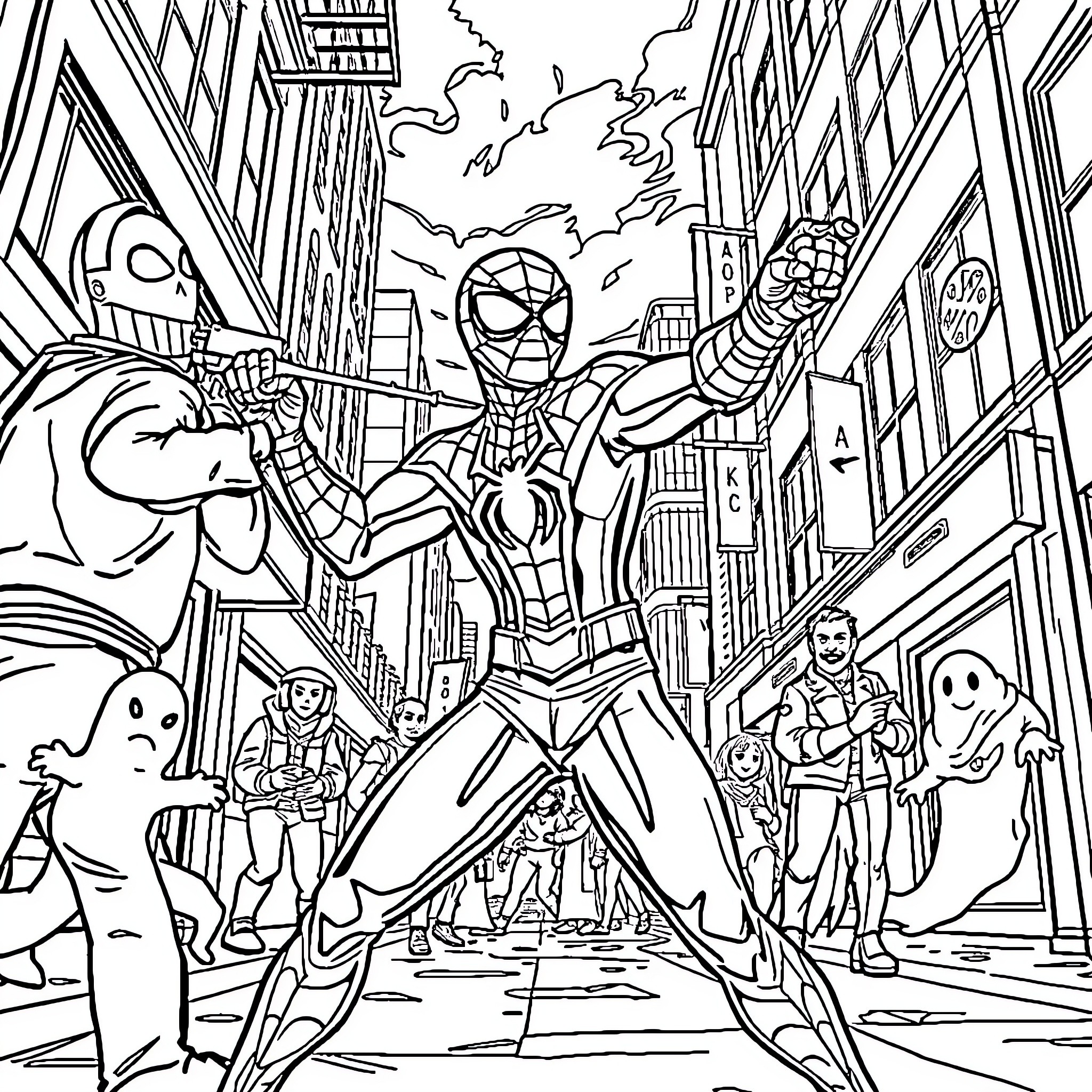 Miles Morales: Spider-Man Saves the City Coloring Page (free black-and-white line drawing printable PDF for all, from beginners to advanced learners, including children, teens, adults, and seniors)