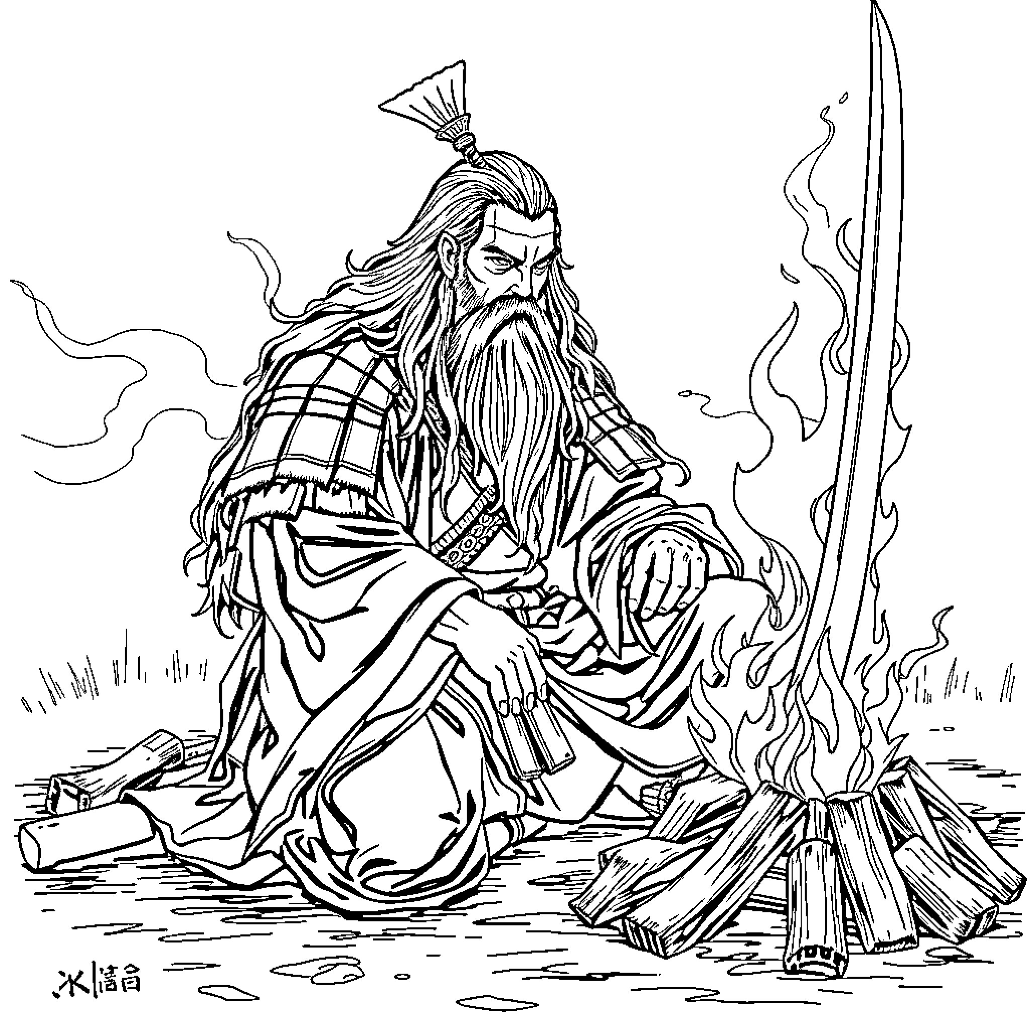 Samurai Warrior Meditating by Campfire Coloring Page (free black-and-white line drawing printable PDF for all, from beginners to advanced learners, including children, teens, adults, and seniors)