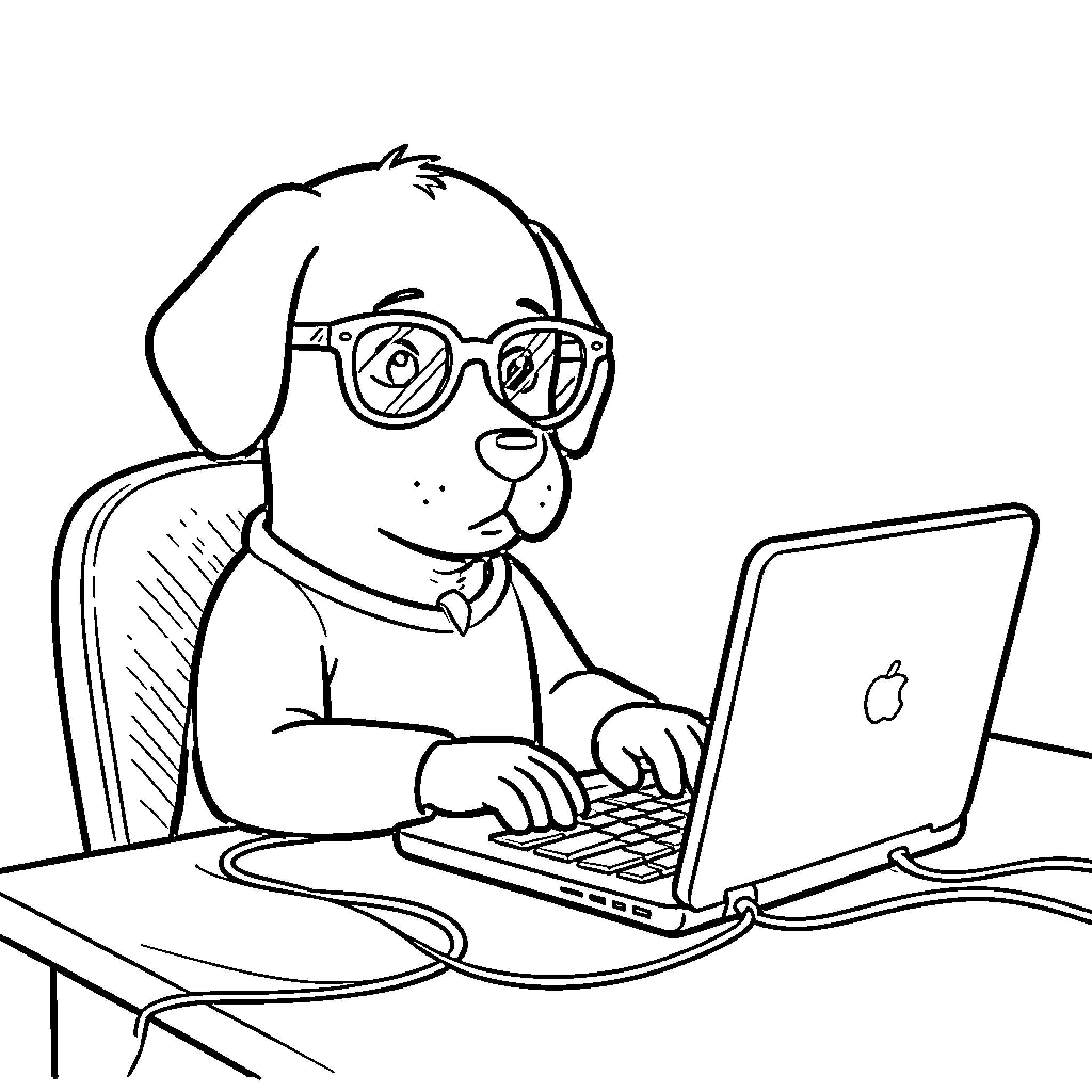 Perro trabajando en computadora con entusiasmo Coloring Page (free black-and-white line drawing printable PDF for all, from beginners to advanced learners, including children, teens, adults, and seniors)