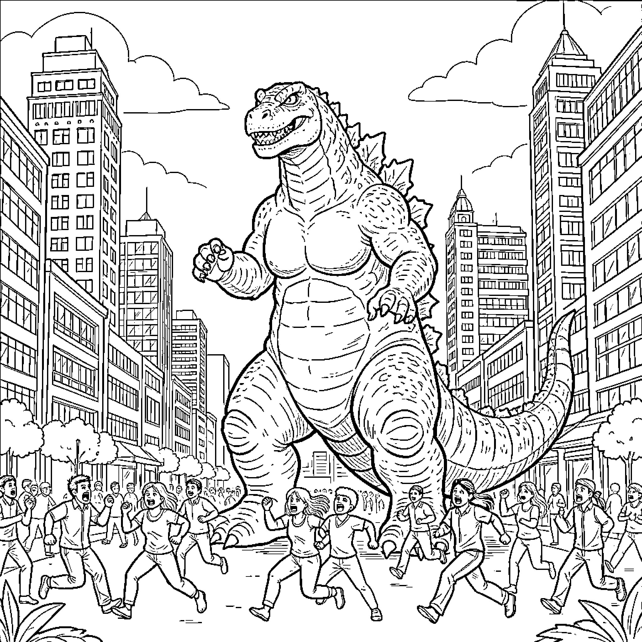 Godzilla stomping through a busy city street Coloring Page (free black-and-white line drawing printable PDF for all, from beginners to advanced learners, including children, teens, adults, and seniors)