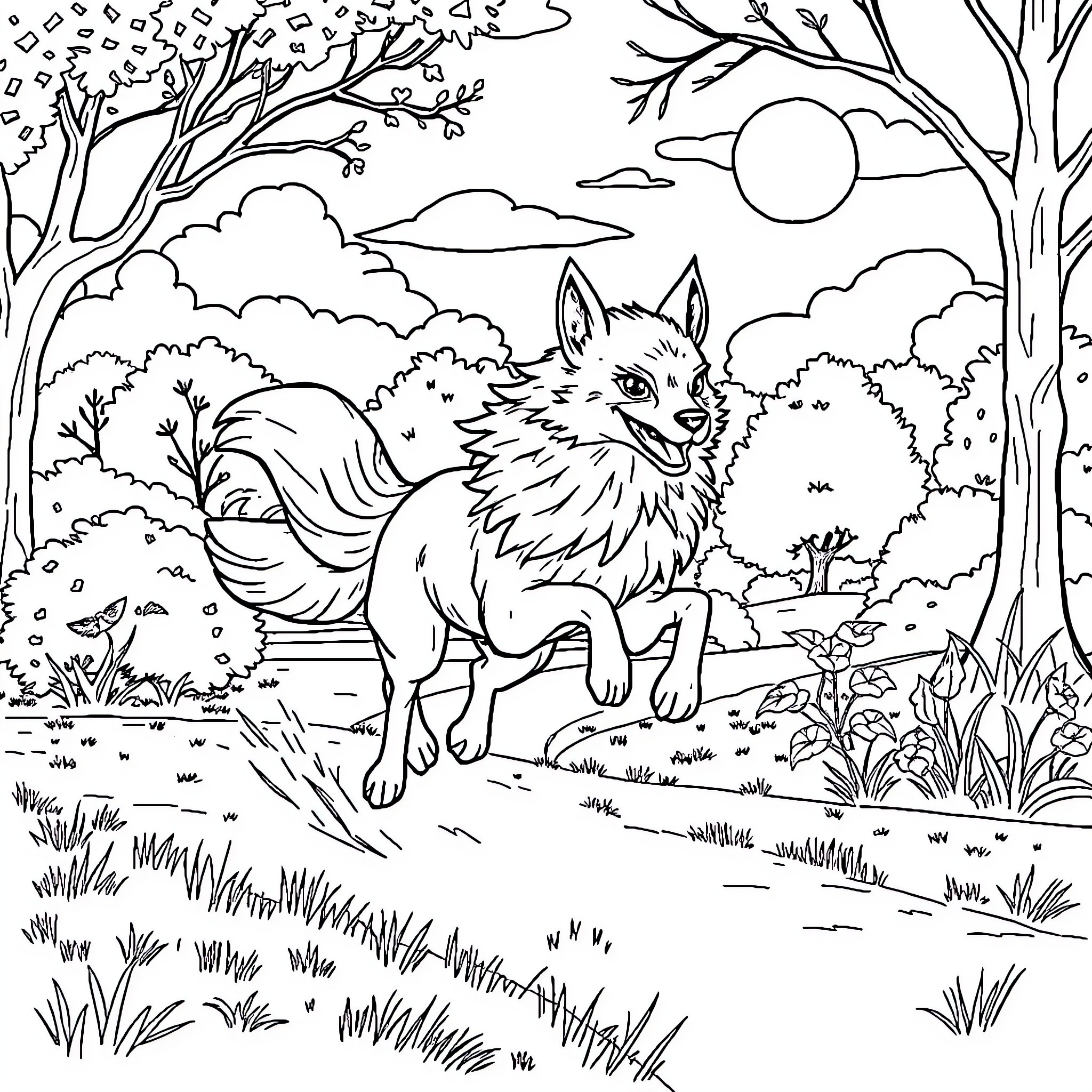 Vox of Playful Wildlife in Forest Landscape Coloring Page (free black-and-white line drawing printable PDF for all, from beginners to advanced learners, including children, teens, adults, and seniors)