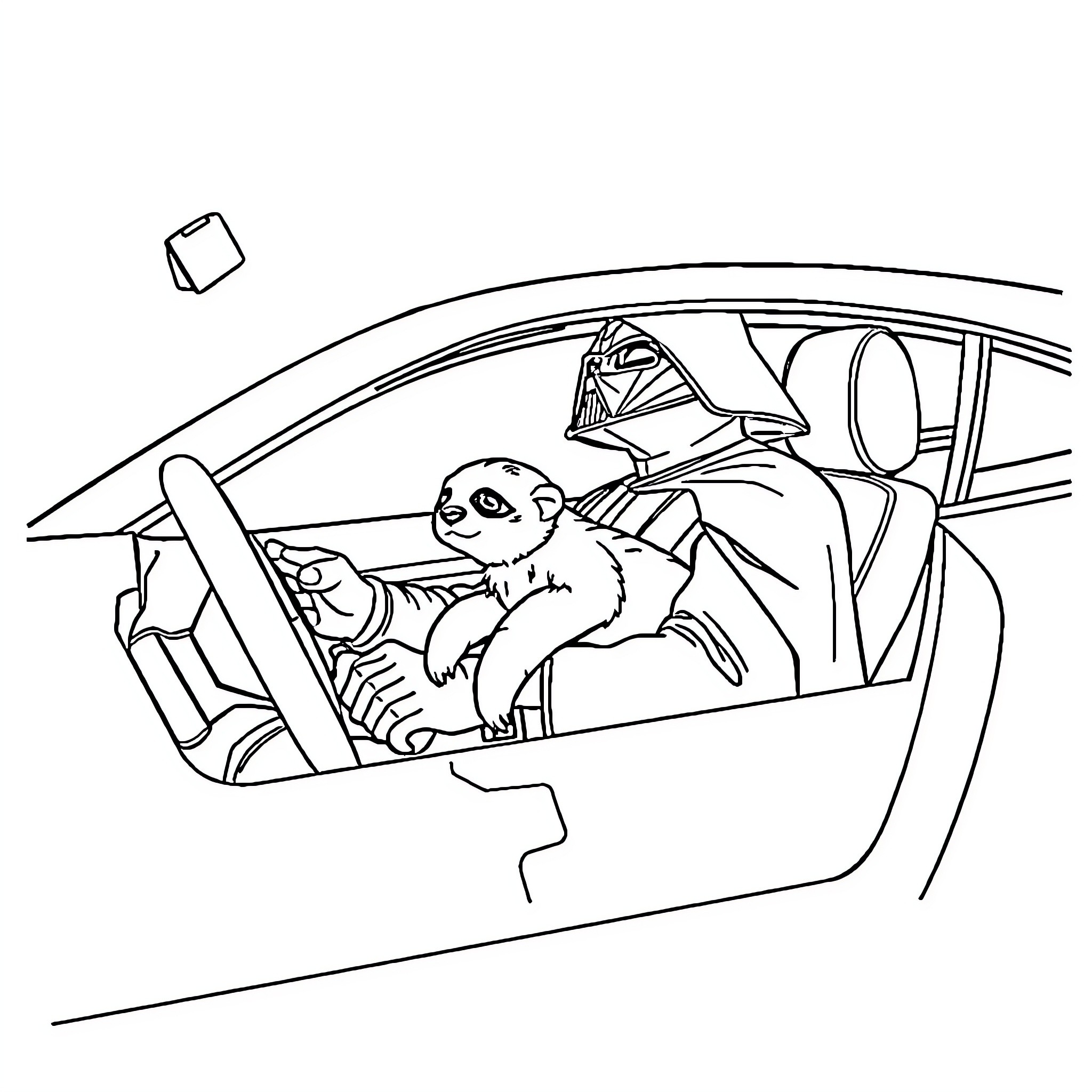 Darth Vader and his furry companion in the cockpit Coloring Page (free black-and-white line drawing printable PDF for all, from beginners to advanced learners, including children, teens, adults, and seniors)