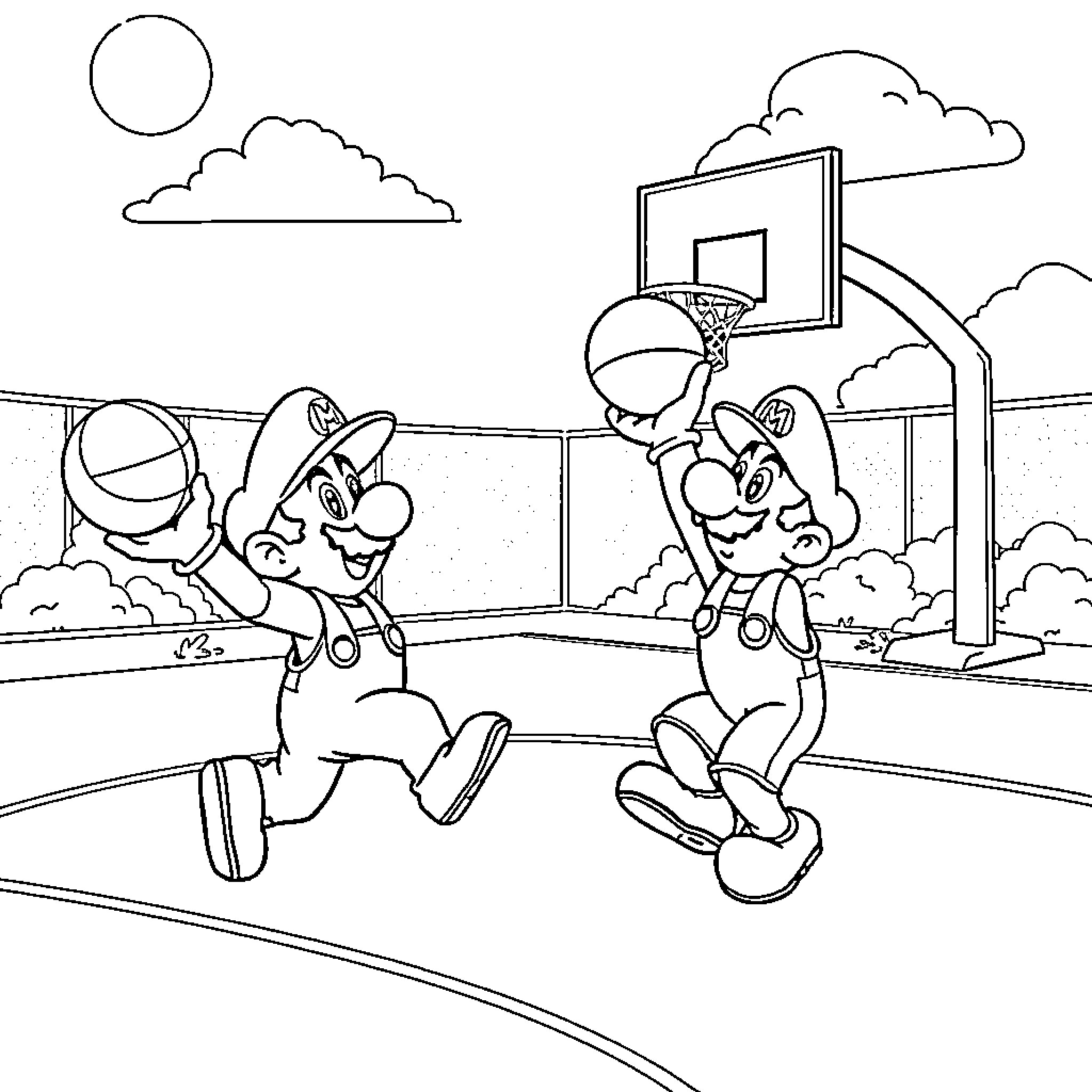 Mario and Friends Playing Basketball Coloring Page (free black-and-white line drawing printable PDF for all, from beginners to advanced learners, including children, teens, adults, and seniors)