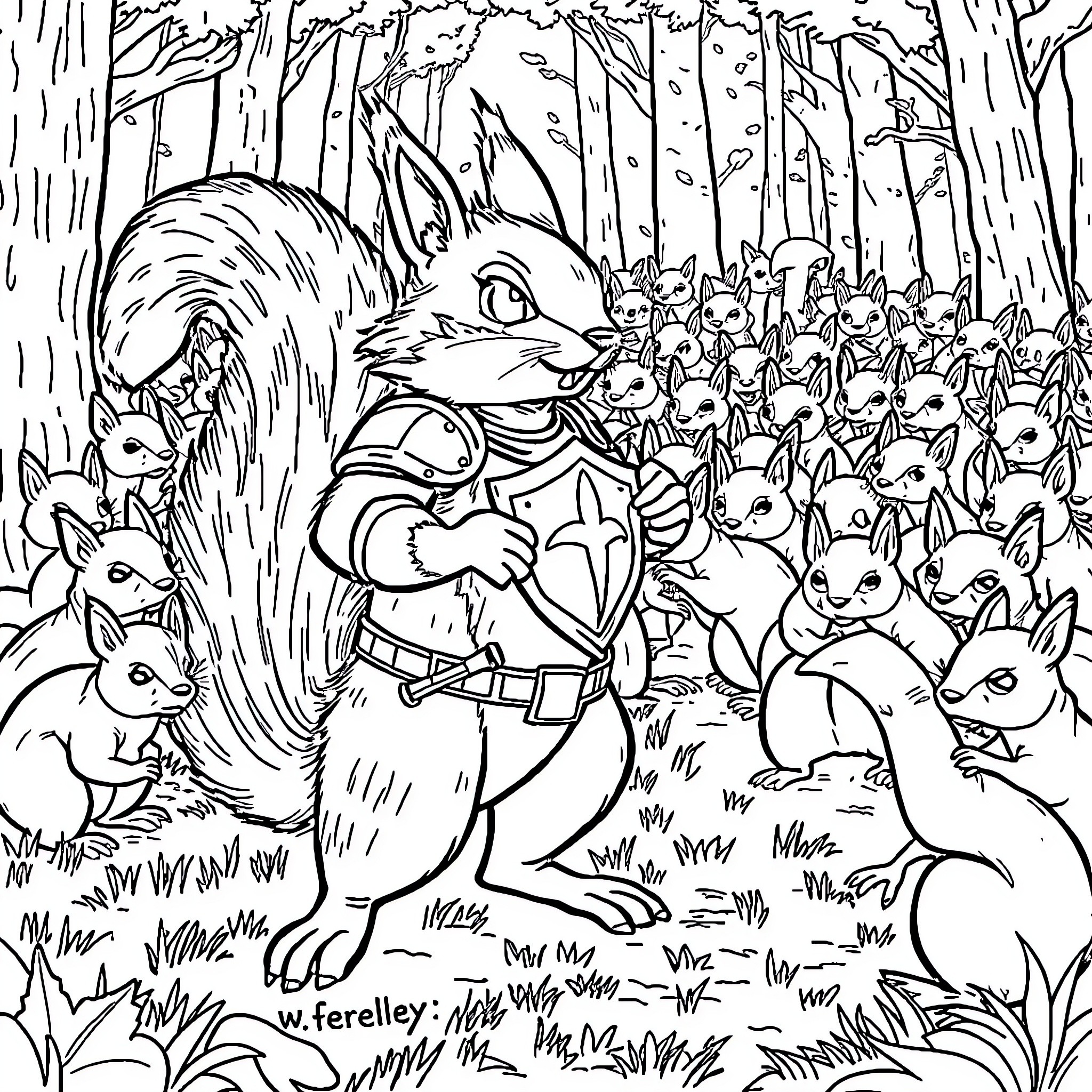 Squirrel warrior leading an army of woodland creatures Coloring Page (free black-and-white line drawing printable PDF for all, from beginners to advanced learners, including children, teens, adults, and seniors)