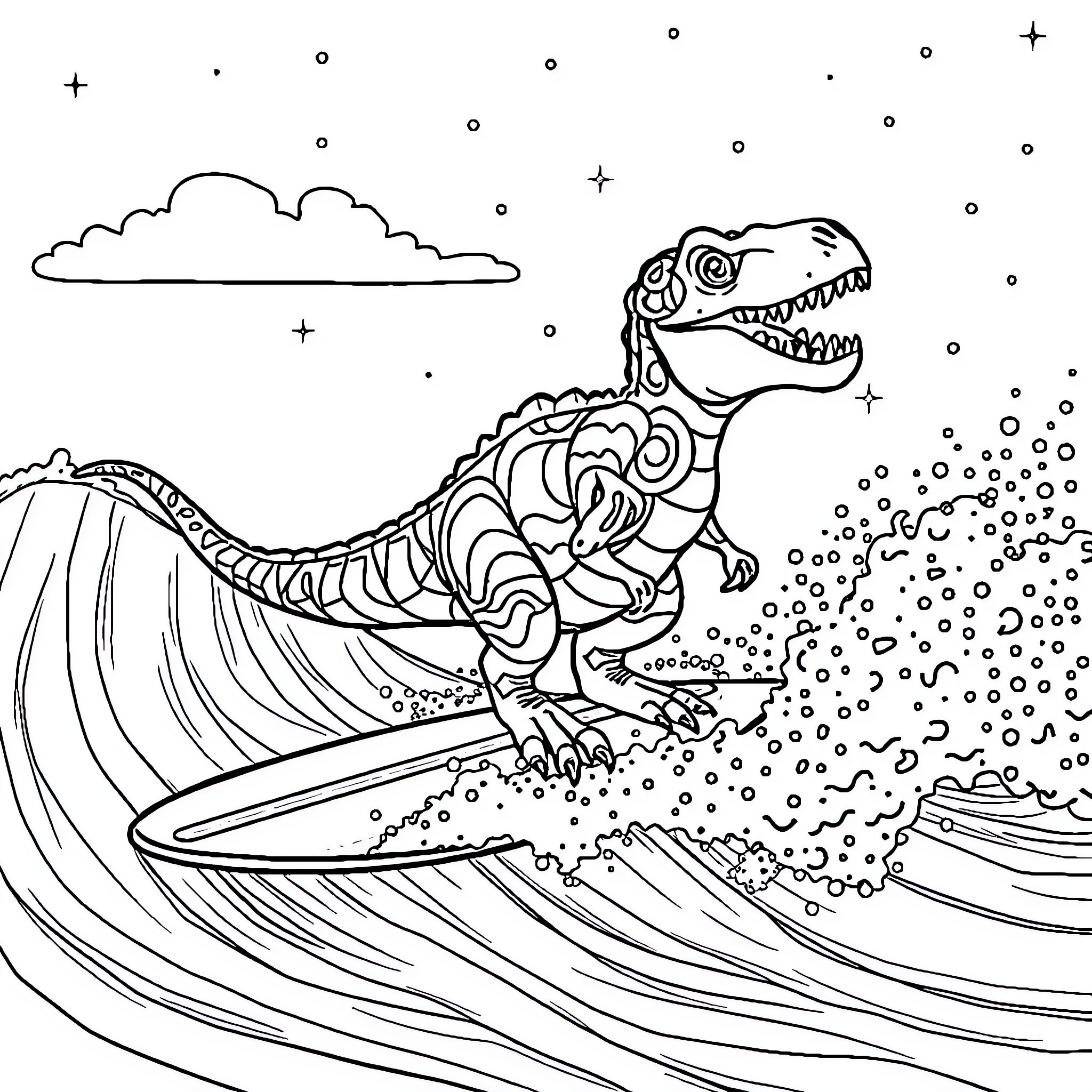 Dinosaur surfing waves in the ocean Coloring Page (free black-and-white line drawing printable PDF for all, from beginners to advanced learners, including children, teens, adults, and seniors)