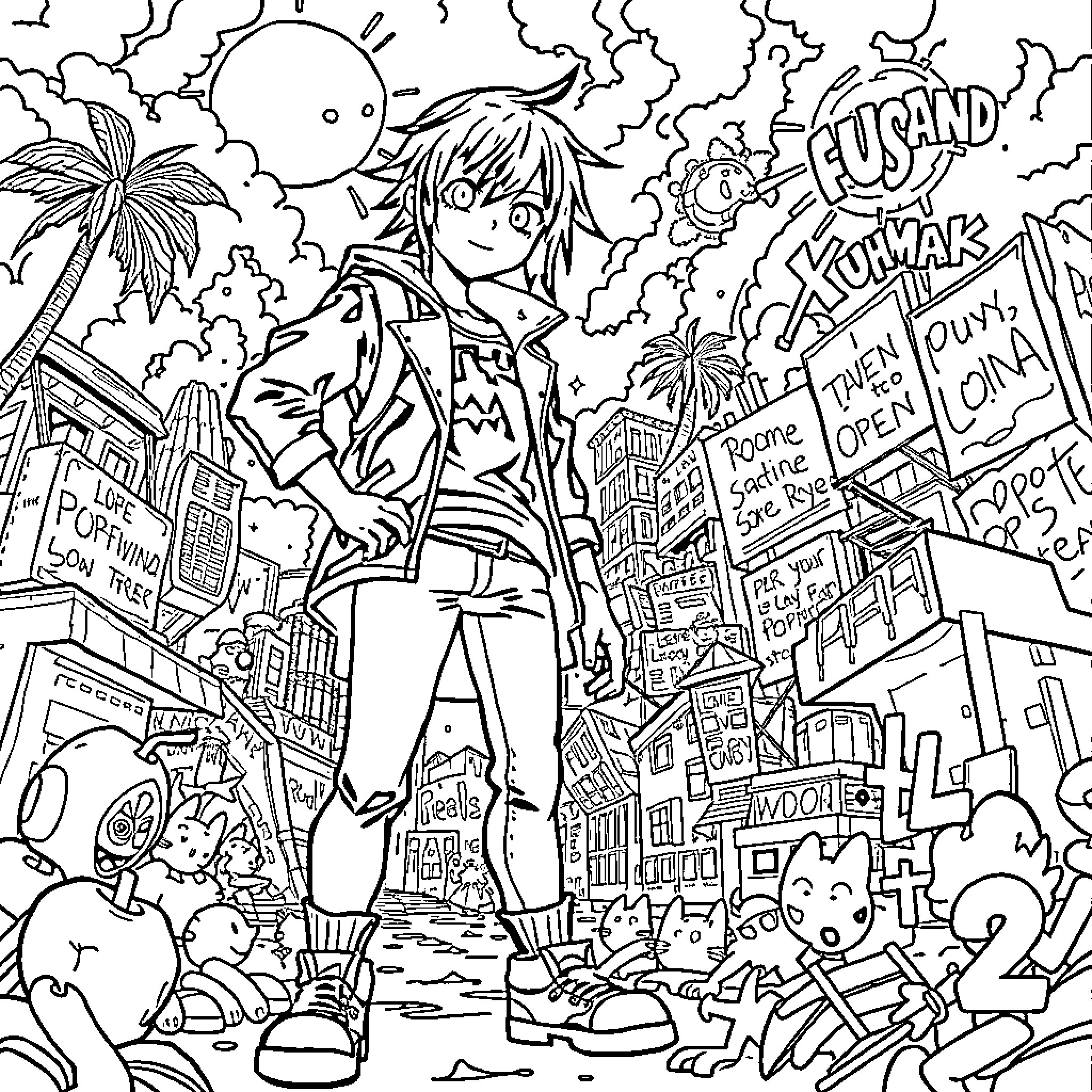 Kuromi exploring the vibrant city streets Coloring Page (free black-and-white line drawing printable PDF for all, from beginners to advanced learners, including children, teens, adults, and seniors)