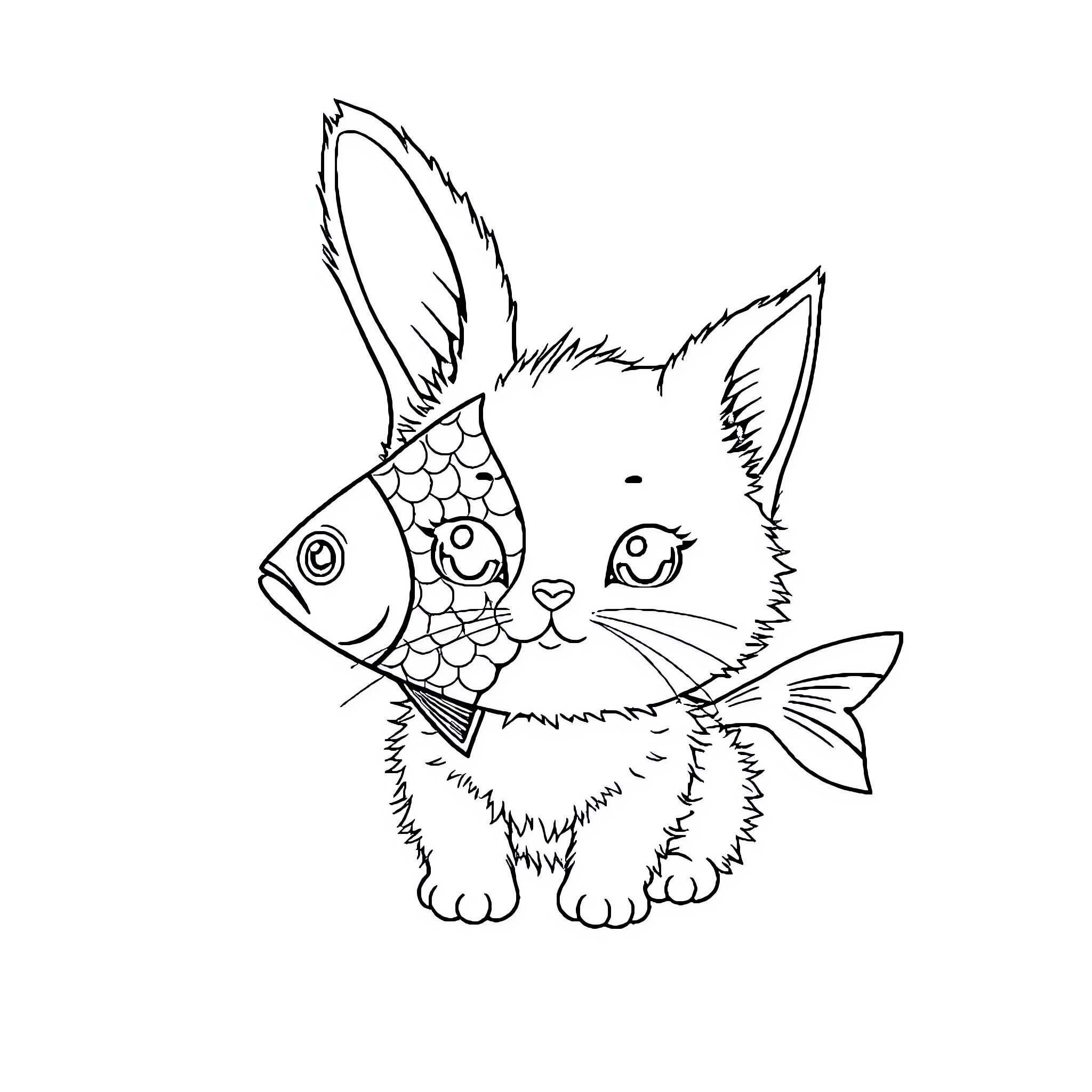 Kitten with fish-like features Coloring Page (free black-and-white line drawing printable PDF for all, from beginners to advanced learners, including children, teens, adults, and seniors)