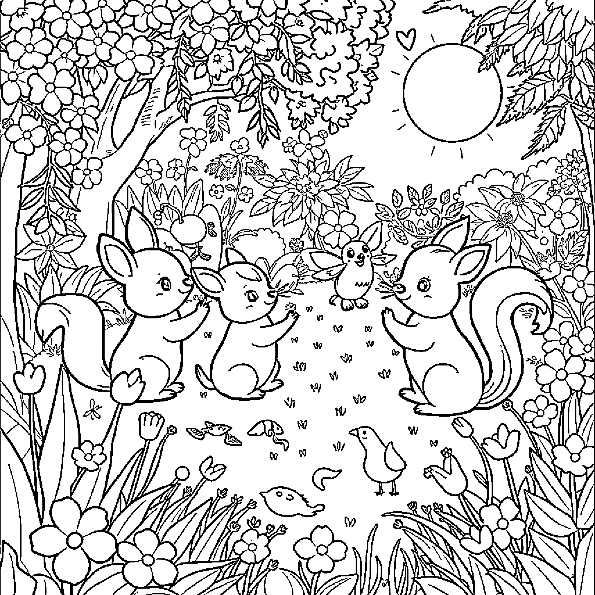 Animal Rabbits frolicking in a floral garden Coloring Page (free black-and-white line drawing printable PDF for all, from beginners to advanced learners, including children, teens, adults, and seniors)