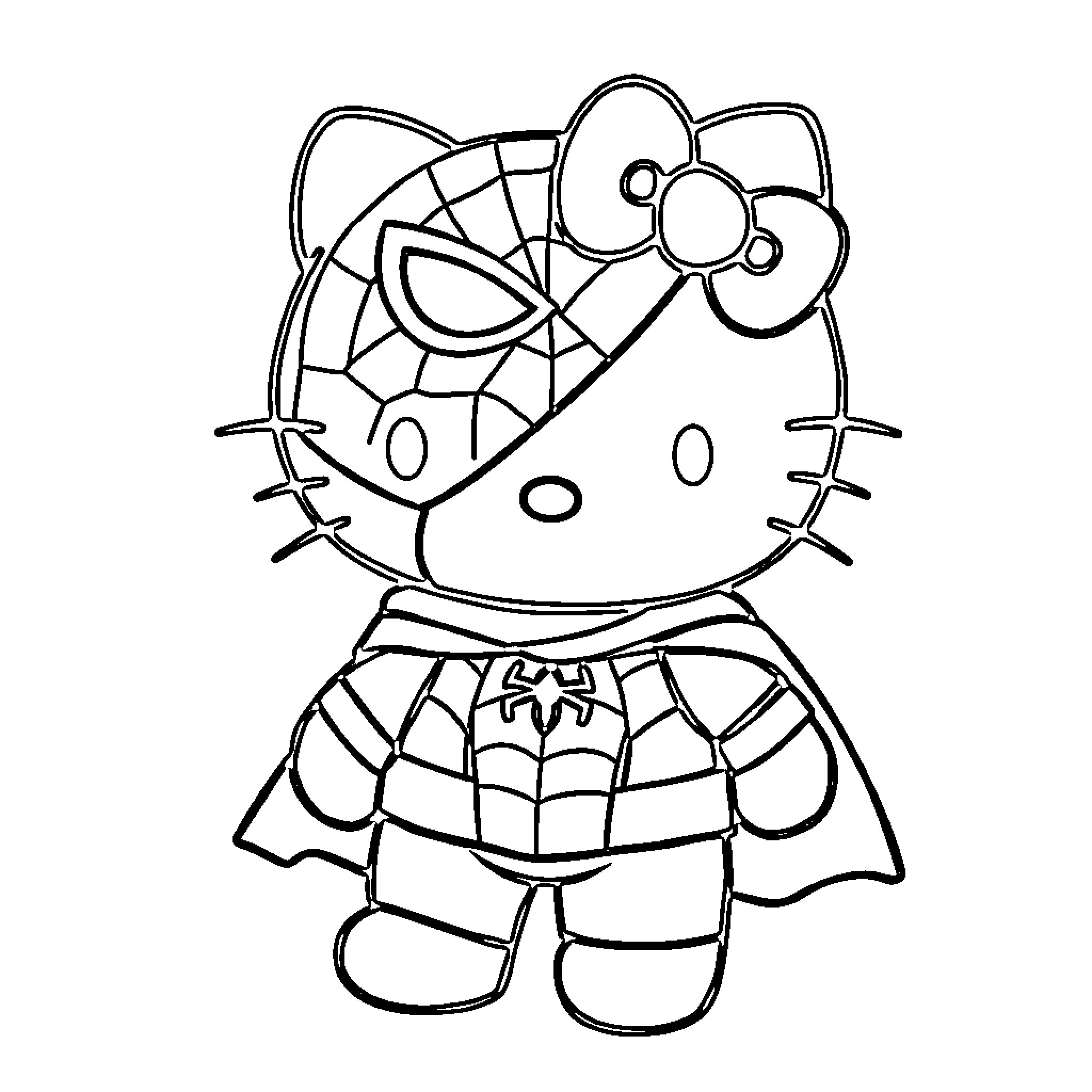 Hello Kitty as Spiderwoman in costume Coloring Page (free black-and-white line drawing printable PDF for all, from beginners to advanced learners, including children, teens, adults, and seniors)