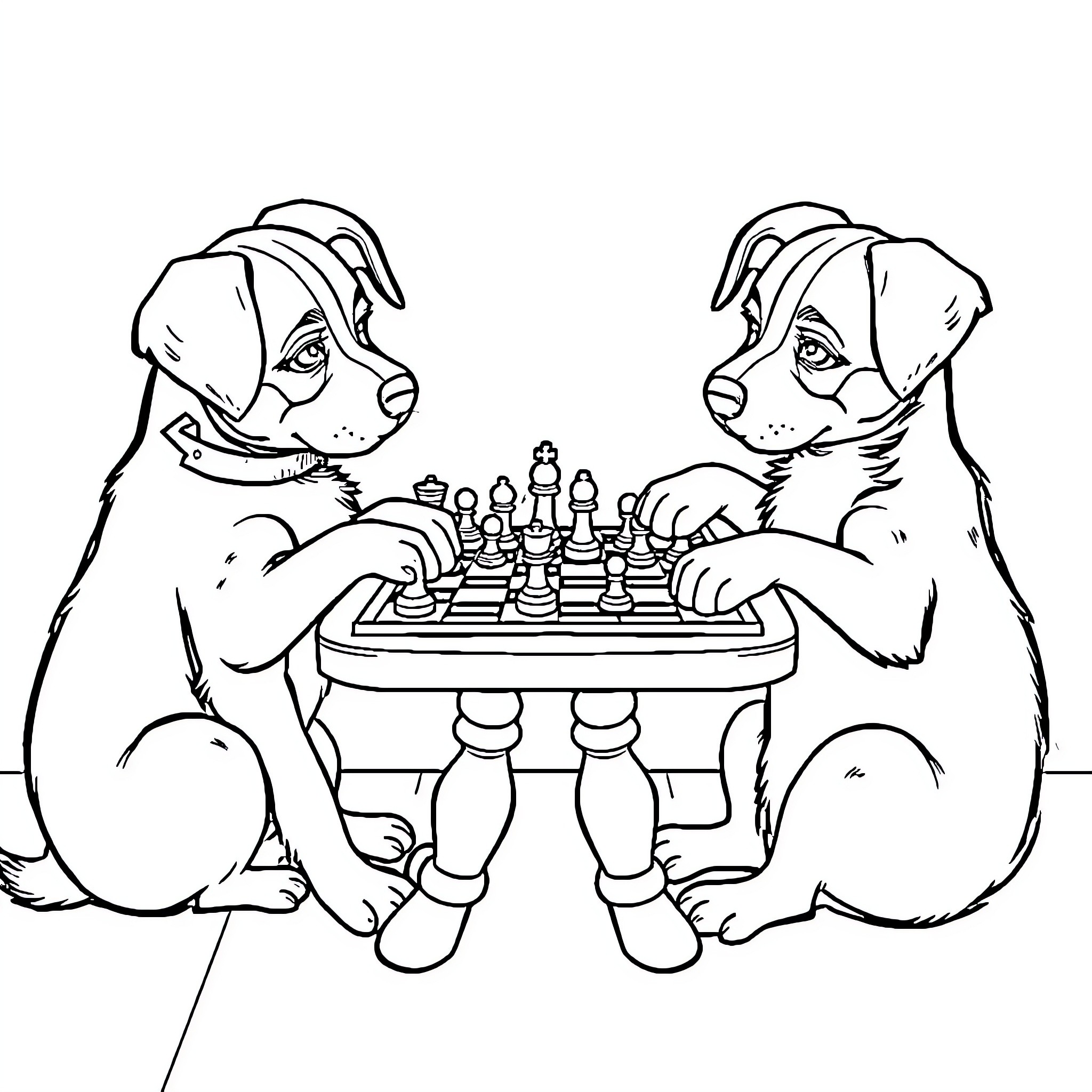 Dog companions playing chess together Coloring Page (free black-and-white line drawing printable PDF for all, from beginners to advanced learners, including children, teens, adults, and seniors)