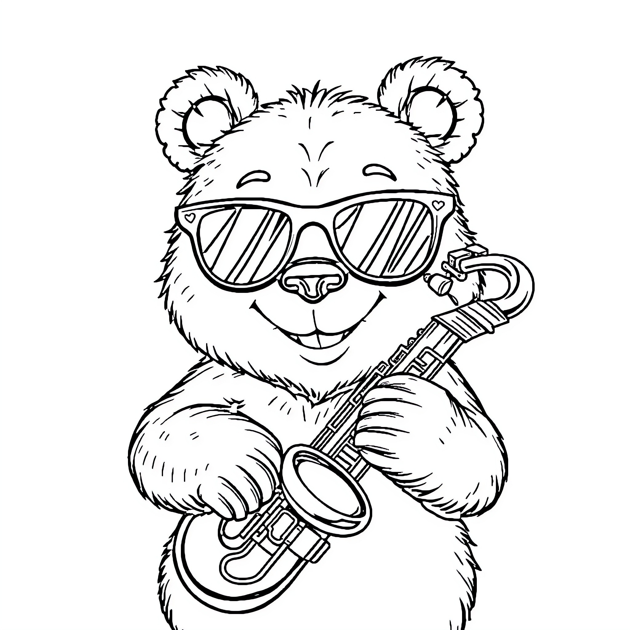 Bear playing a saxophone while wearing sunglasses Coloring Page (free black-and-white line drawing printable PDF for all, from beginners to advanced learners, including children, teens, adults, and seniors)