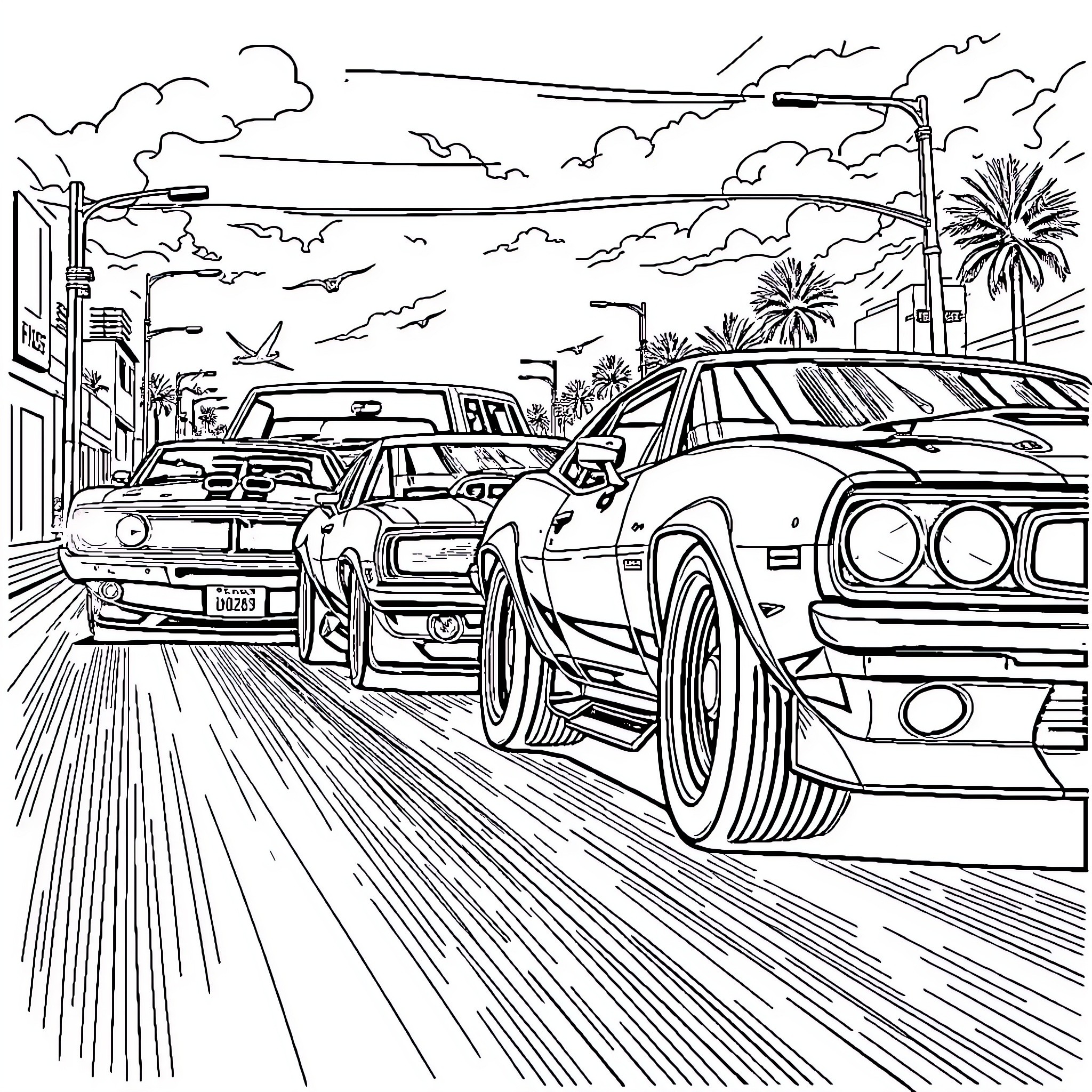 Car Racing on the City Street with Palm Trees Coloring Page (free black-and-white line drawing printable PDF for all, from beginners to advanced learners, including children, teens, adults, and seniors)