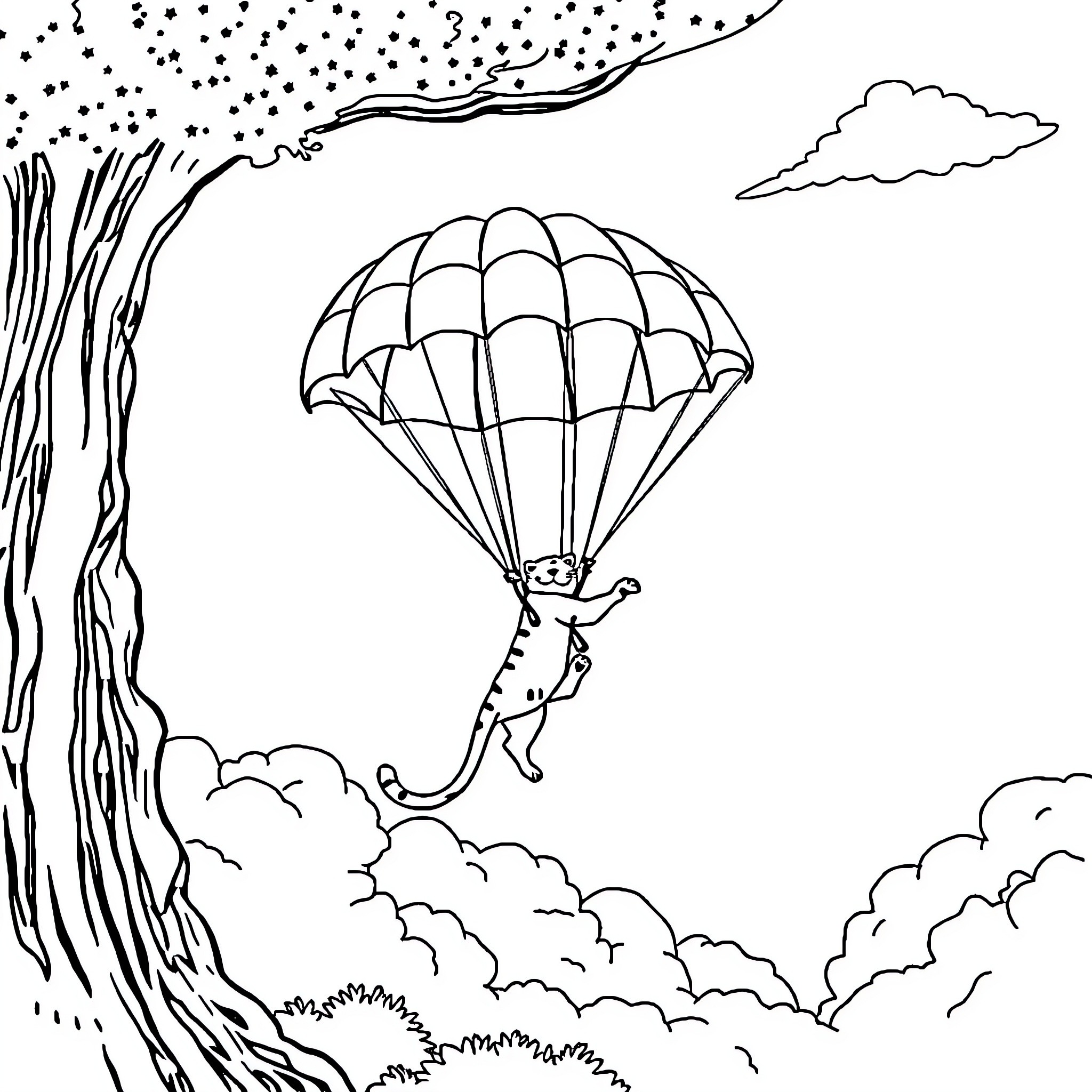 Panther's Aerial Adventure Coloring Page (free black-and-white line drawing printable PDF for all, from beginners to advanced learners, including children, teens, adults, and seniors)