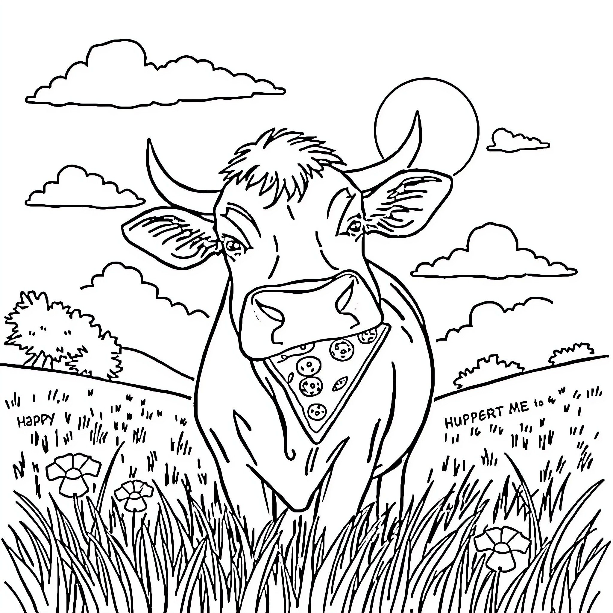 Cow with Bandana Happily in Grassy Field Coloring Page (free black-and-white line drawing printable PDF for all, from beginners to advanced learners, including children, teens, adults, and seniors)
