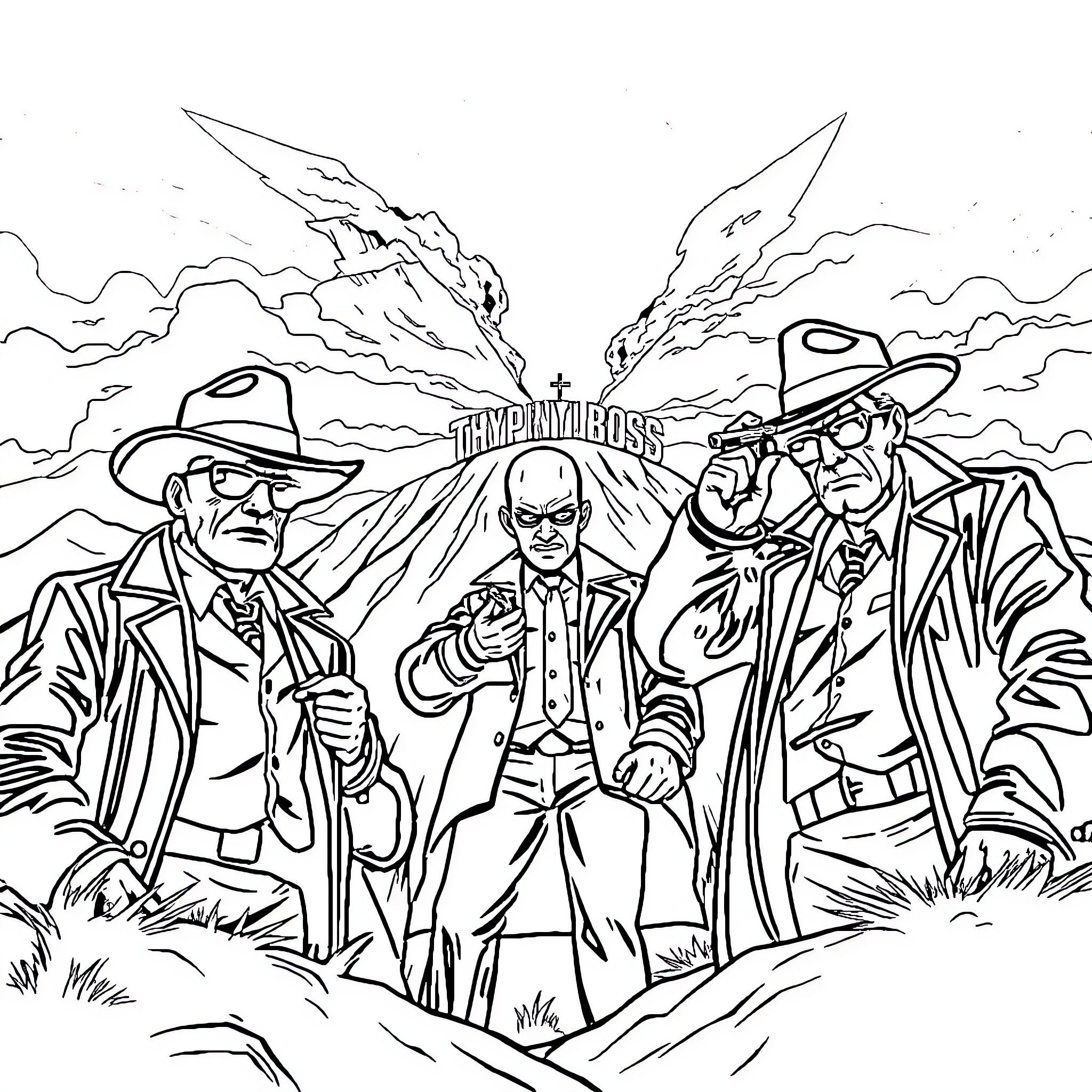 Gangster trio in confrontation amid dramatic landscape Coloring Page (free black-and-white line drawing printable PDF for all, from beginners to advanced learners, including children, teens, adults, and seniors)