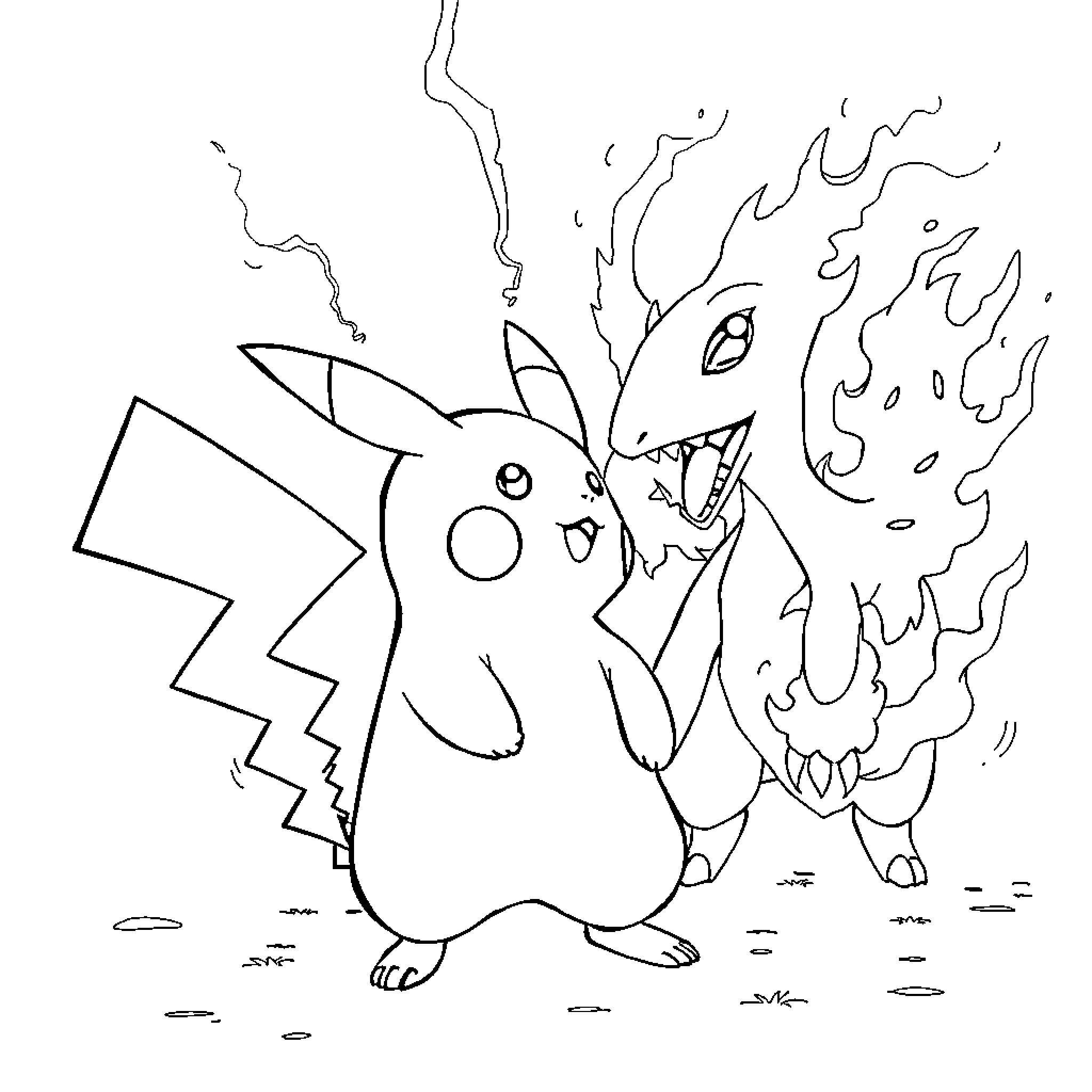 Pikachu's Fiery Transformation Coloring Page (free black-and-white line drawing printable PDF for all, from beginners to advanced learners, including children, teens, adults, and seniors)