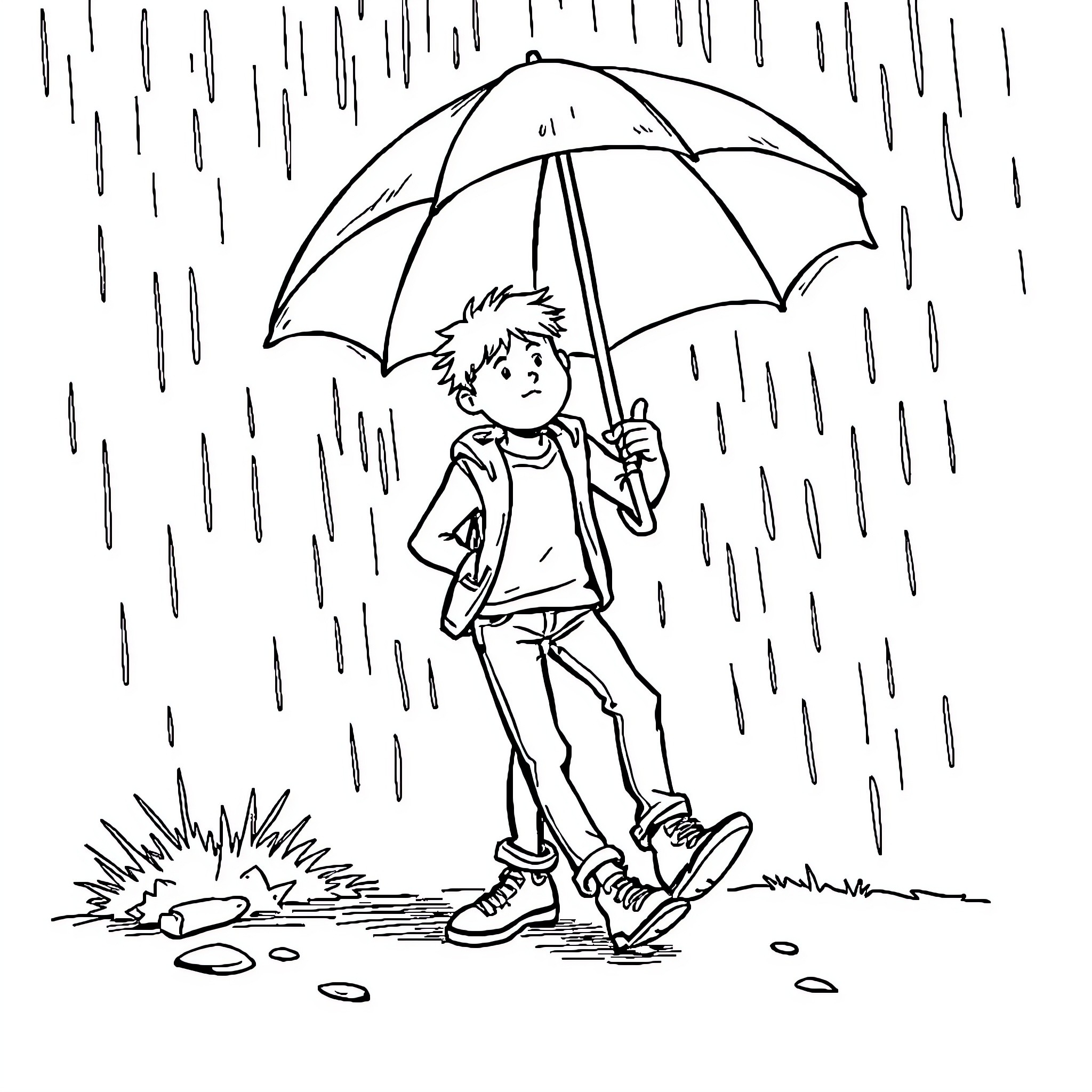 Person walking in the rain with umbrella Coloring Page (free black-and-white line drawing printable PDF for all, from beginners to advanced learners, including children, teens, adults, and seniors)