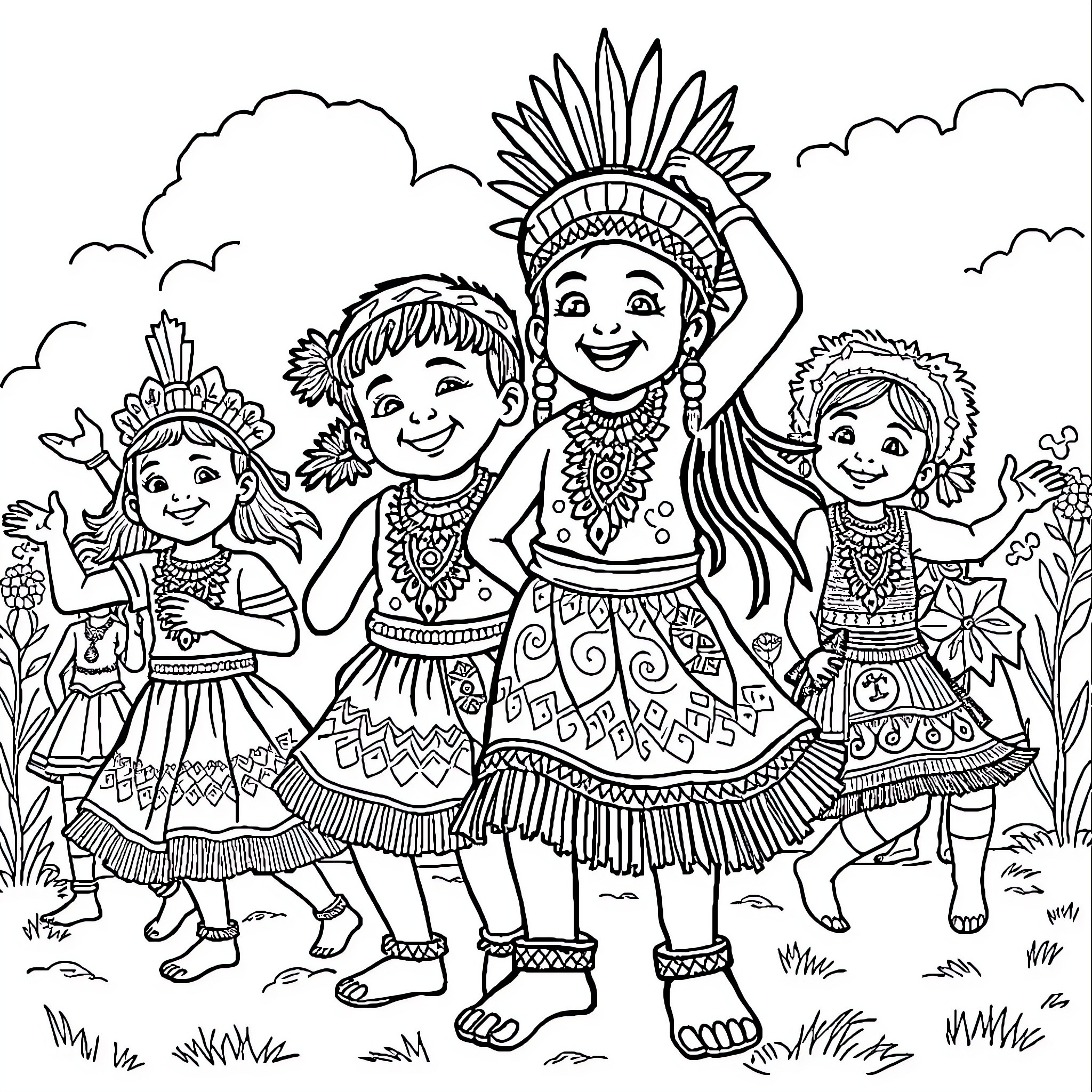 Child Dressed in Ethnic Costumes Posing in Nature Coloring Page (free black-and-white line drawing printable PDF for all, from beginners to advanced learners, including children, teens, adults, and seniors)