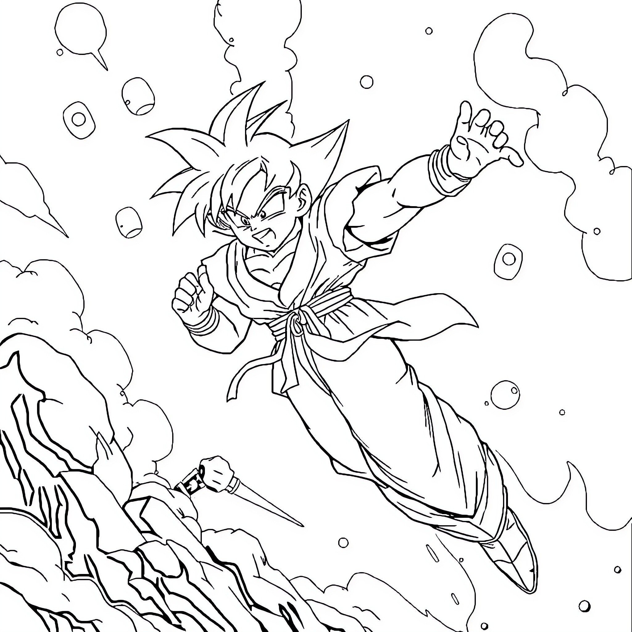 Dragon Ball Character Battling Fiercely in the Sky Coloring Page (free black-and-white line drawing printable PDF for all, from beginners to advanced learners, including children, teens, adults, and seniors)