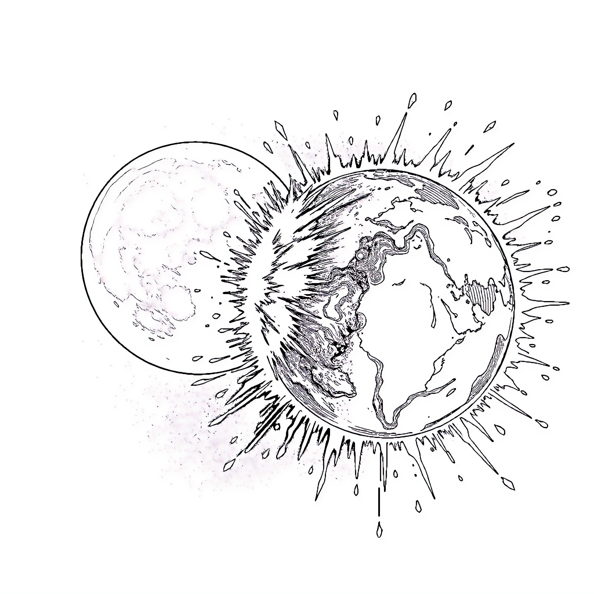 Moon's Celestial Dance across the Earth Coloring Page (free black-and-white line drawing printable PDF for all, from beginners to advanced learners, including children, teens, adults, and seniors)