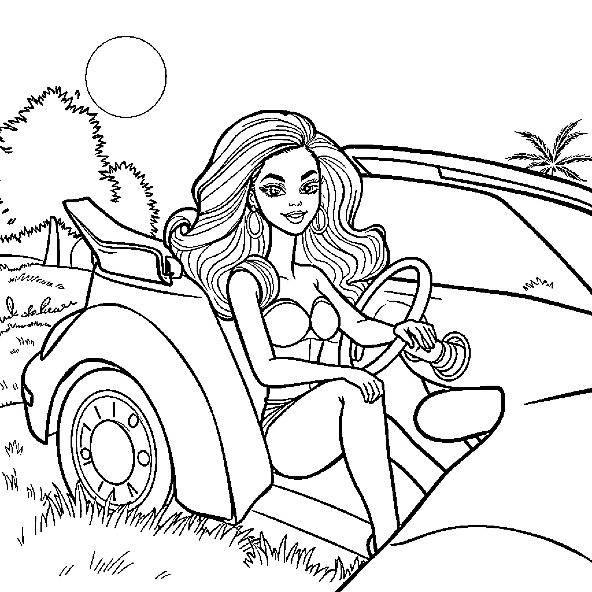 Barbie enjoying a sunny road trip adventure Coloring Page (free black-and-white line drawing printable PDF for all, from beginners to advanced learners, including children, teens, adults, and seniors)