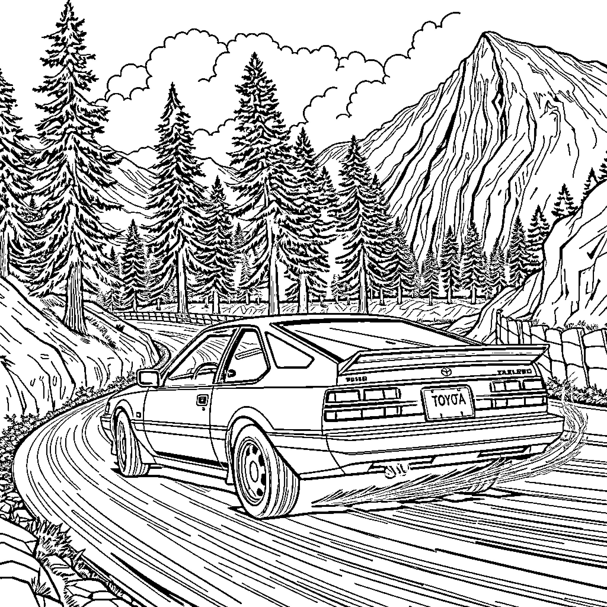 Toyota Corolla speeding through winding mountain road Coloring Page (free black-and-white line drawing printable PDF for all, from beginners to advanced learners, including children, teens, adults, and seniors)
