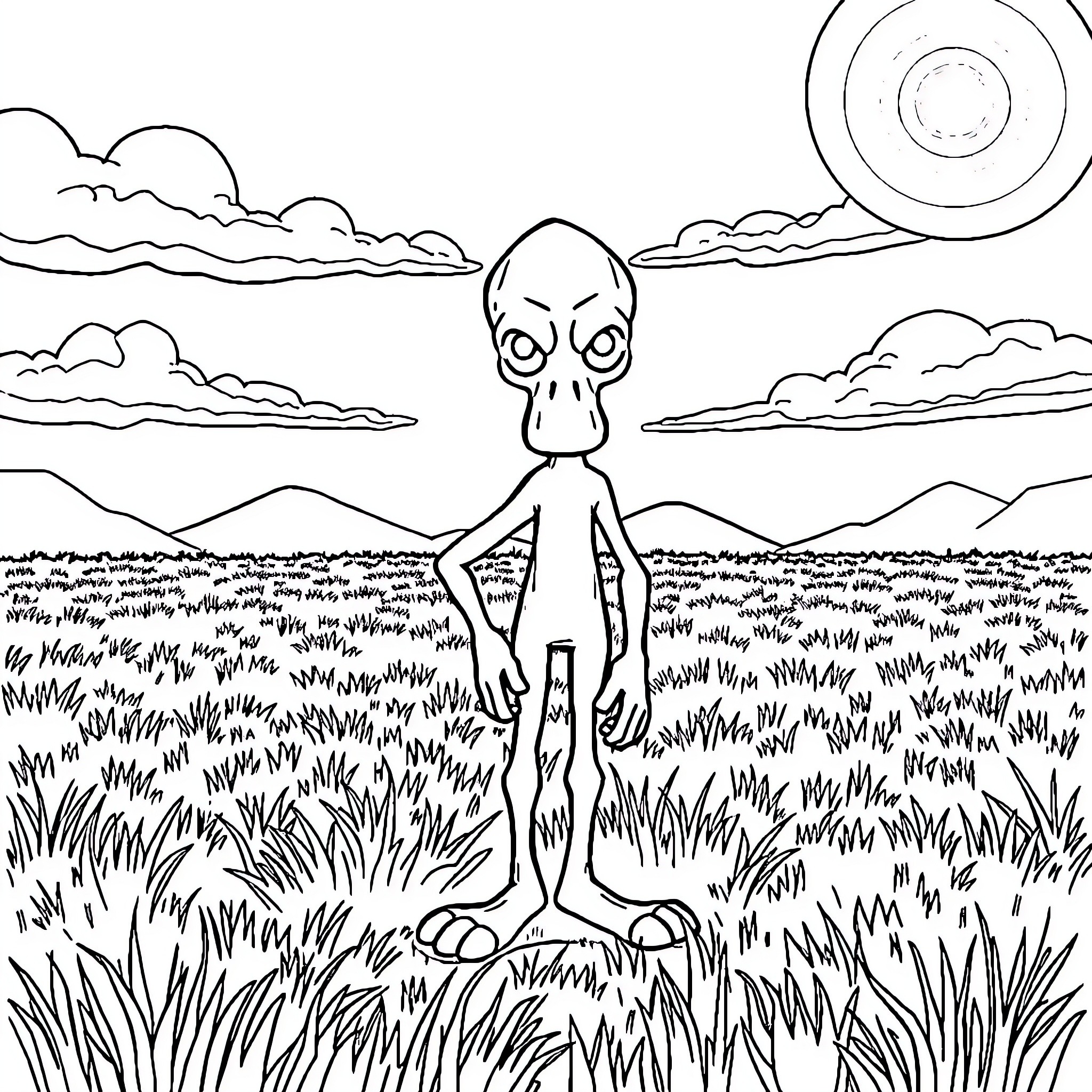 Player exploring mysterious alien landscape Coloring Page (free black-and-white line drawing printable PDF for all, from beginners to advanced learners, including children, teens, adults, and seniors)