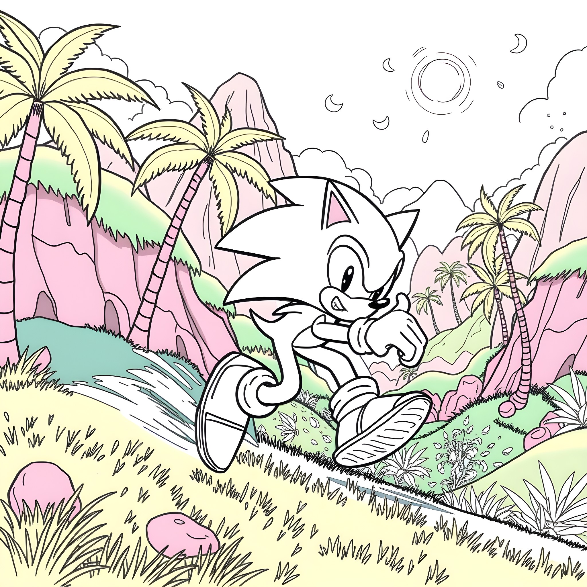 Sonic exploring a vibrant tropical landscape Coloring Page (free black-and-white line drawing printable PDF for all, from beginners to advanced learners, including children, teens, adults, and seniors)