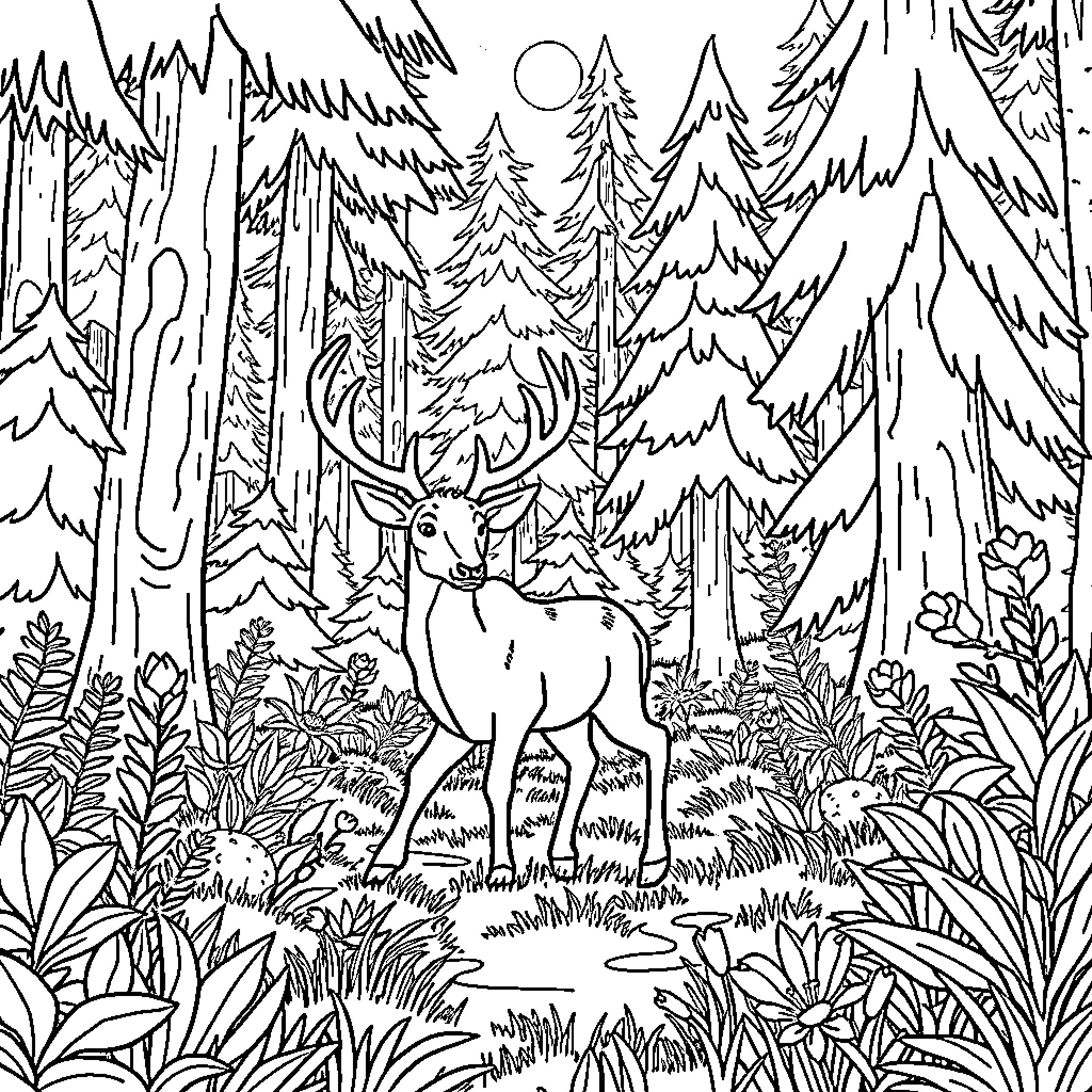 Deer standing in the peaceful forest Coloring Page (free black-and-white line drawing printable PDF for all, from beginners to advanced learners, including children, teens, adults, and seniors)
