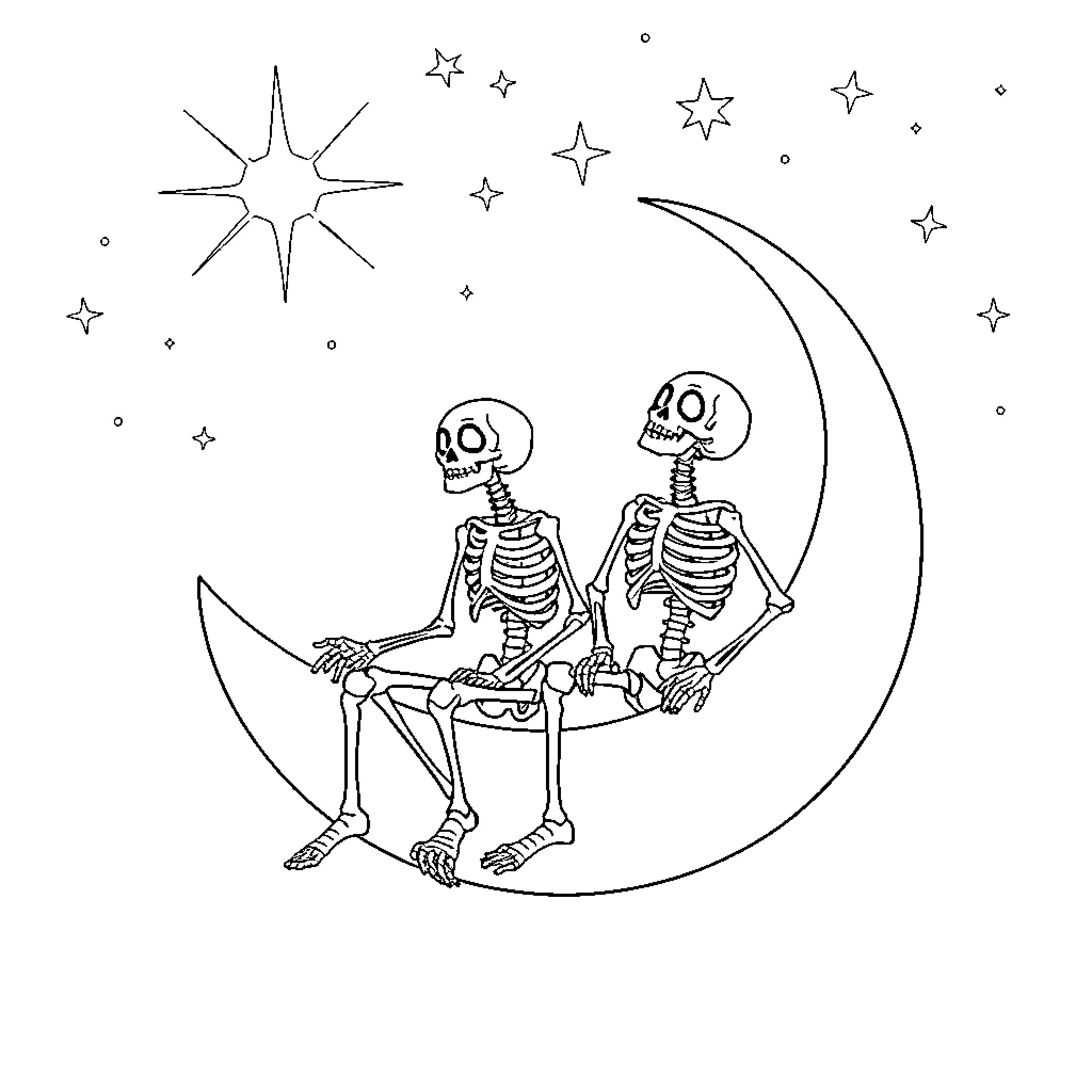 Skeleton friends under the starry night sky Coloring Page (free black-and-white line drawing printable PDF for all, from beginners to advanced learners, including children, teens, adults, and seniors)