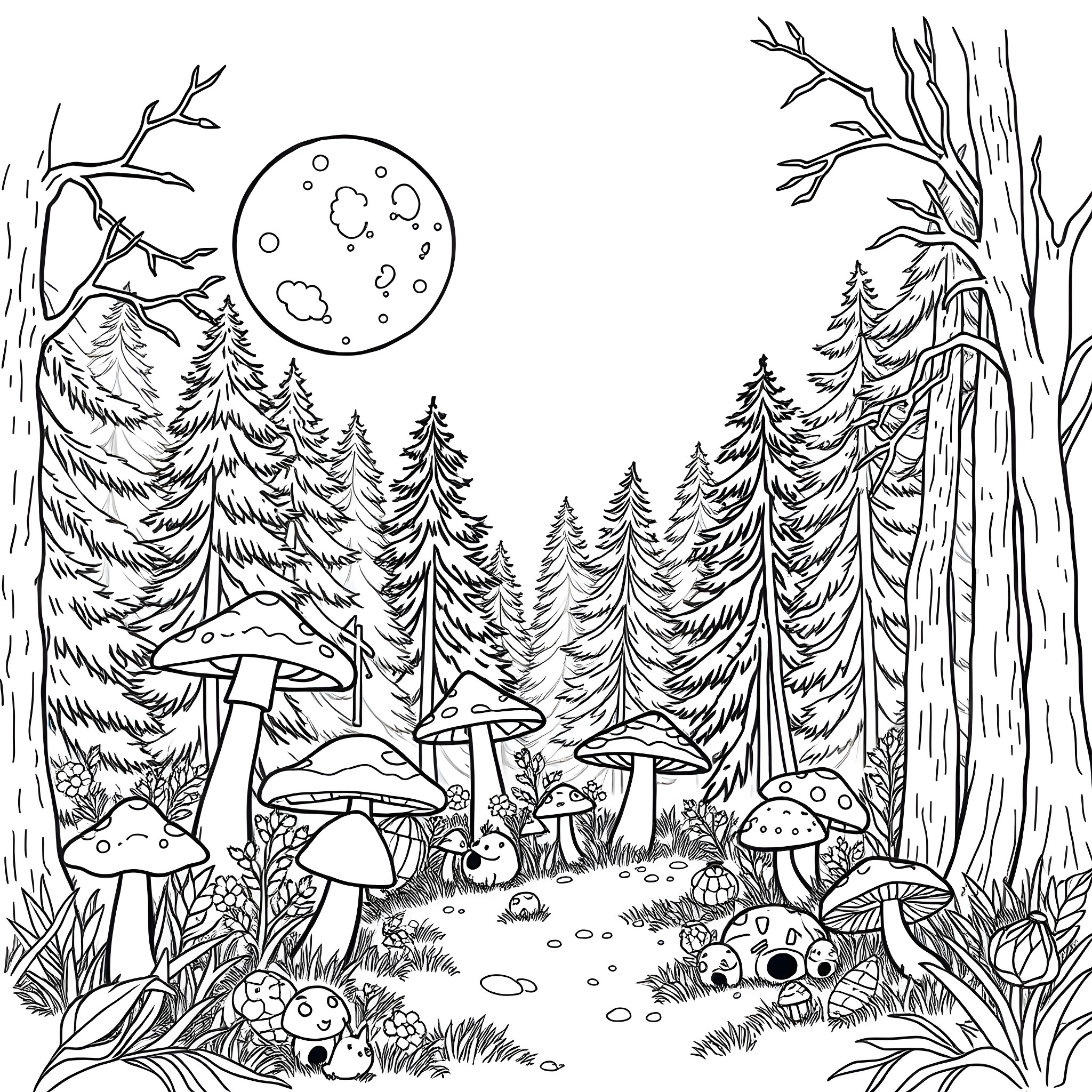 Moon Gazing in the Enchanted Forest Coloring Page (free black-and-white line drawing printable PDF for all, from beginners to advanced learners, including children, teens, adults, and seniors)