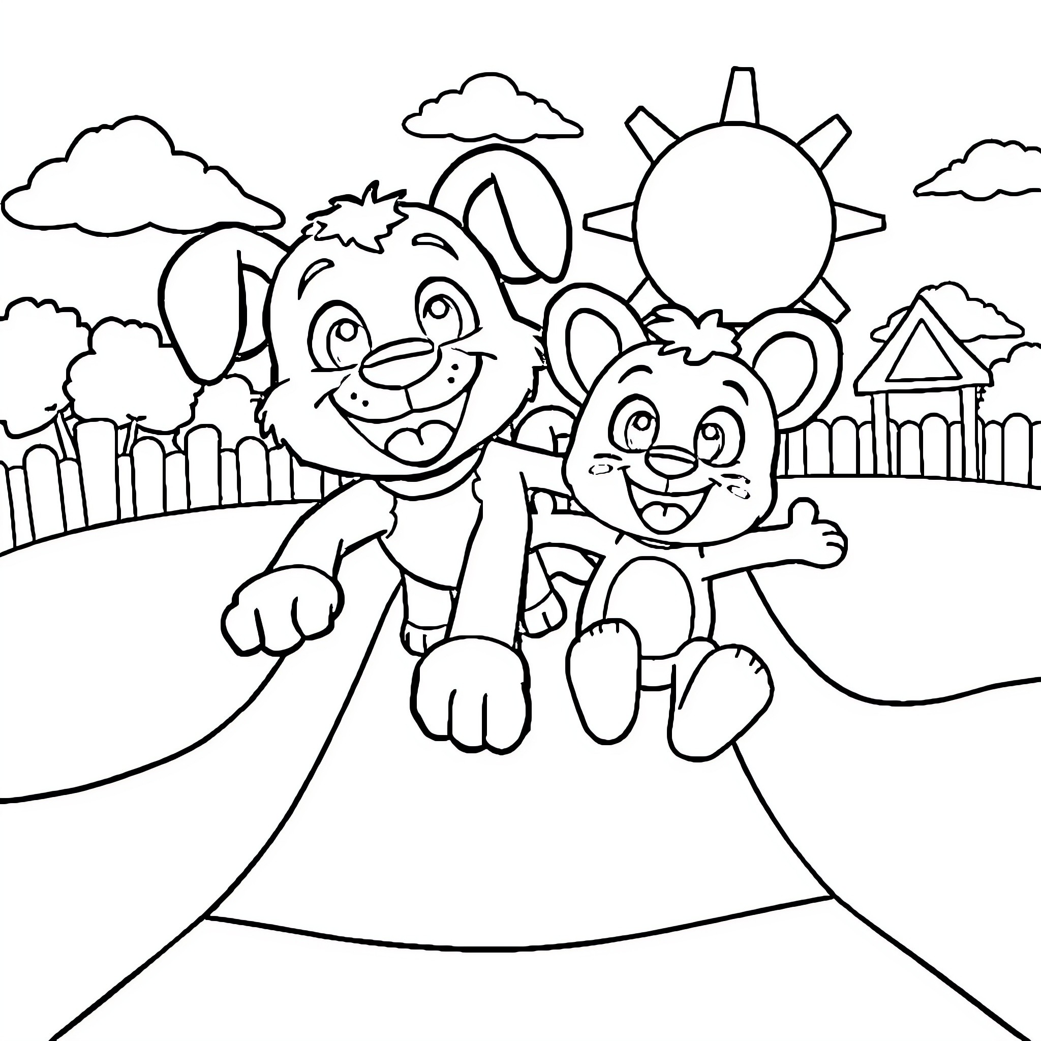 Bluey and Bingo play happily in the park Coloring Page (free black-and-white line drawing printable PDF for all, from beginners to advanced learners, including children, teens, adults, and seniors)