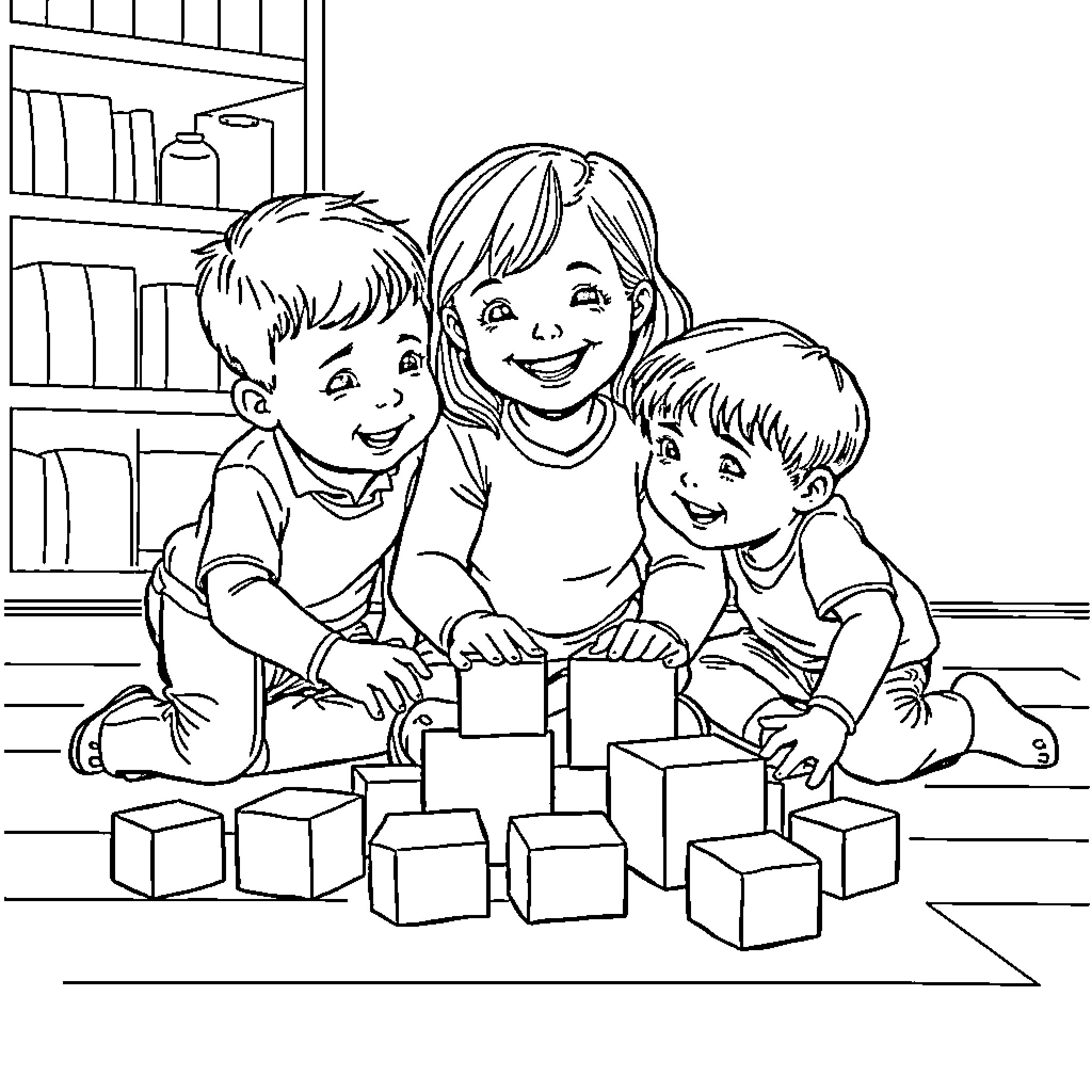 Girl Playing Happily with Children and Blocks Coloring Page (free black-and-white line drawing printable PDF for all, from beginners to advanced learners, including children, teens, adults, and seniors)