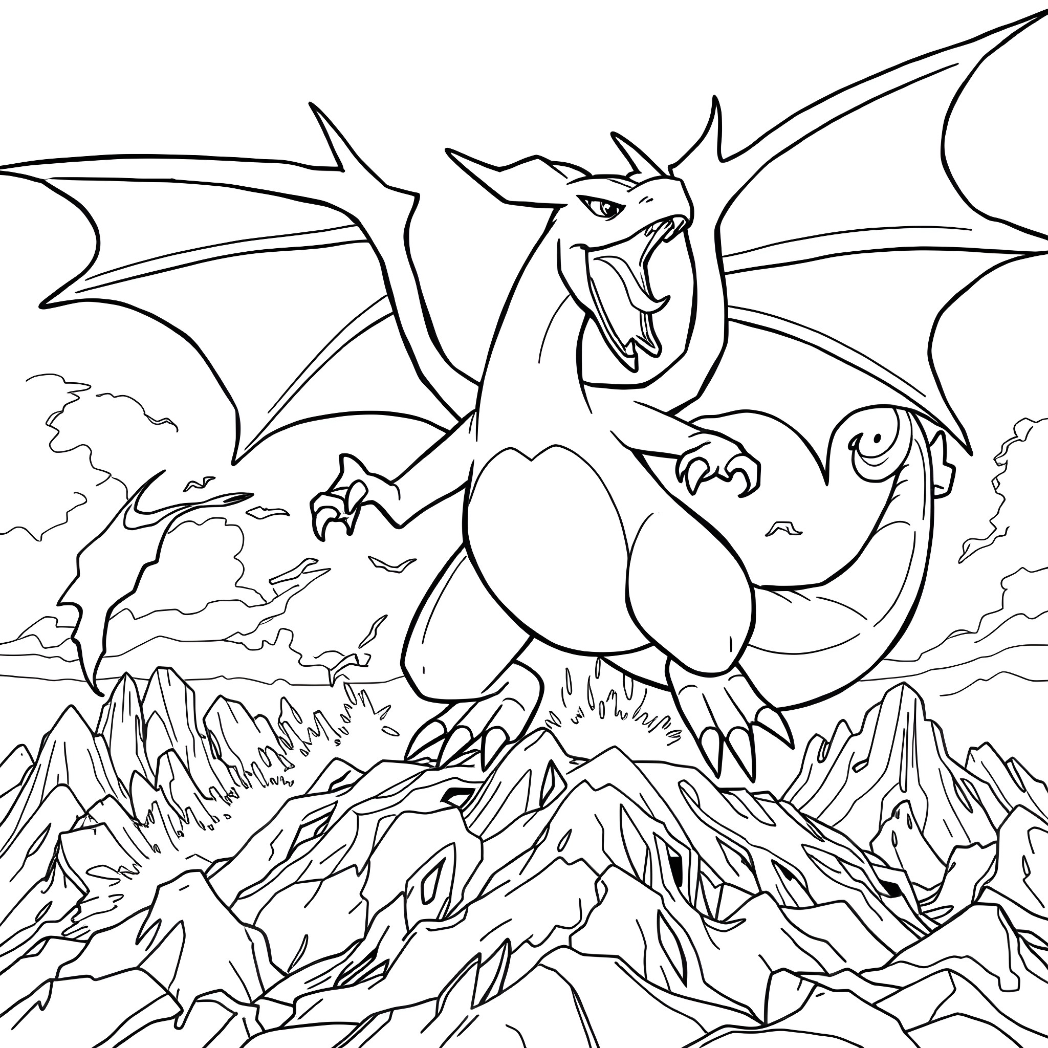 Charizard roaring over a rugged landscape Coloring Page (free black-and-white line drawing printable PDF for all, from beginners to advanced learners, including children, teens, adults, and seniors)