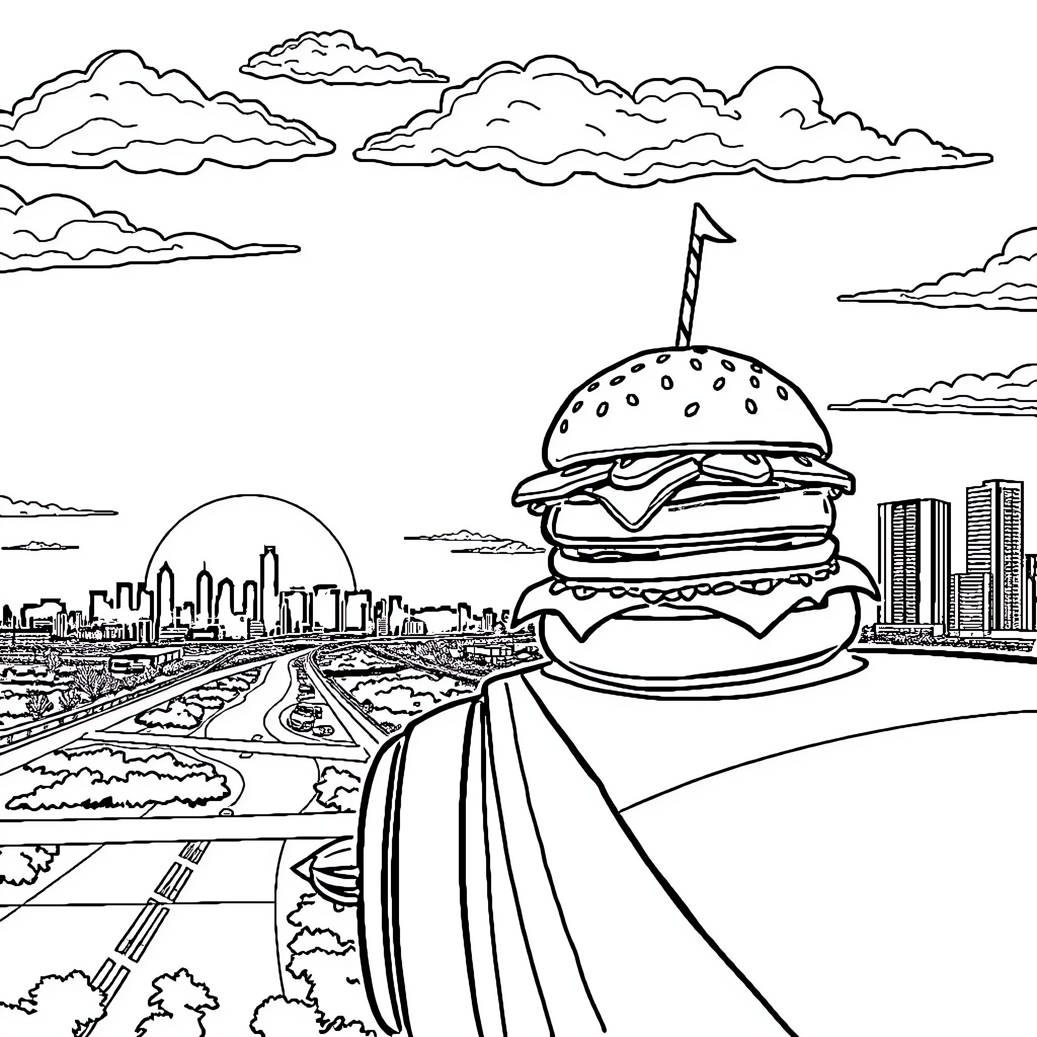 Water Burger serving up fast food in the city Coloring Page (free black-and-white line drawing printable PDF for all, from beginners to advanced learners, including children, teens, adults, and seniors)