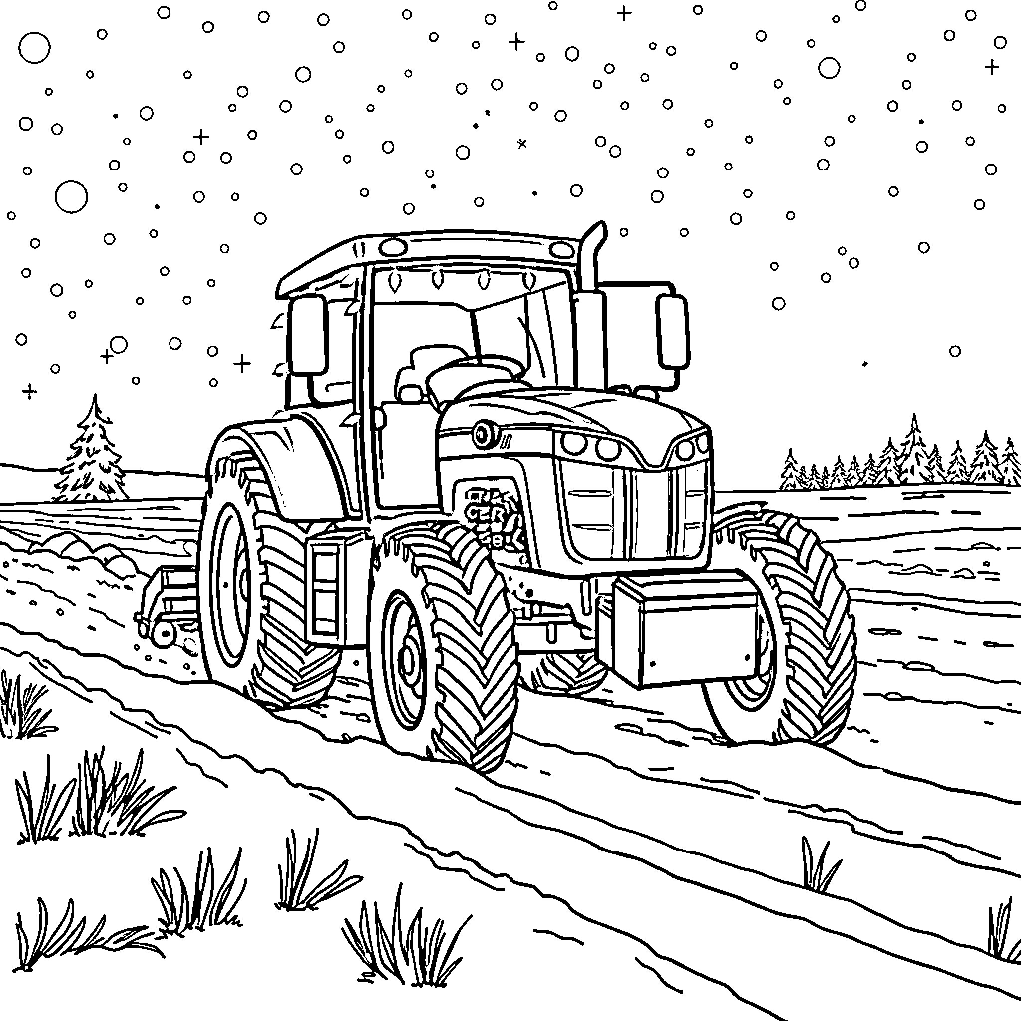 Tractor plowing through a snowy winter landscape Coloring Page (free black-and-white line drawing printable PDF for all, from beginners to advanced learners, including children, teens, adults, and seniors)