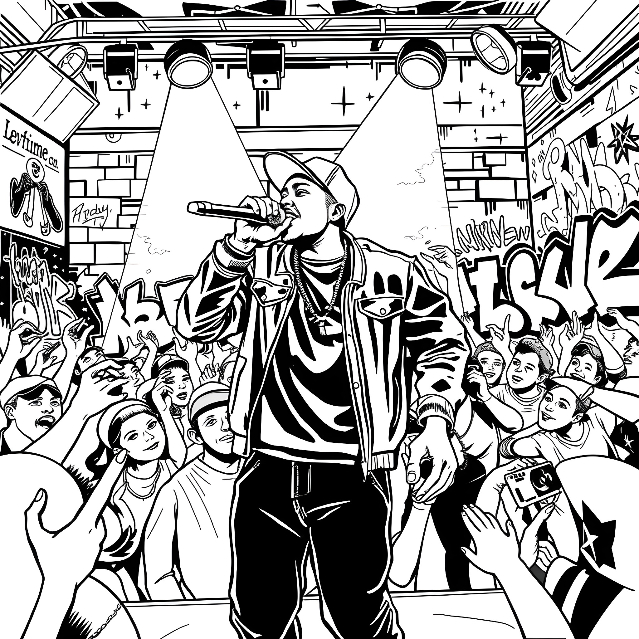 Rapper performing on stage with energetic crowd Coloring Page (free black-and-white line drawing printable PDF for all, from beginners to advanced learners, including children, teens, adults, and seniors)