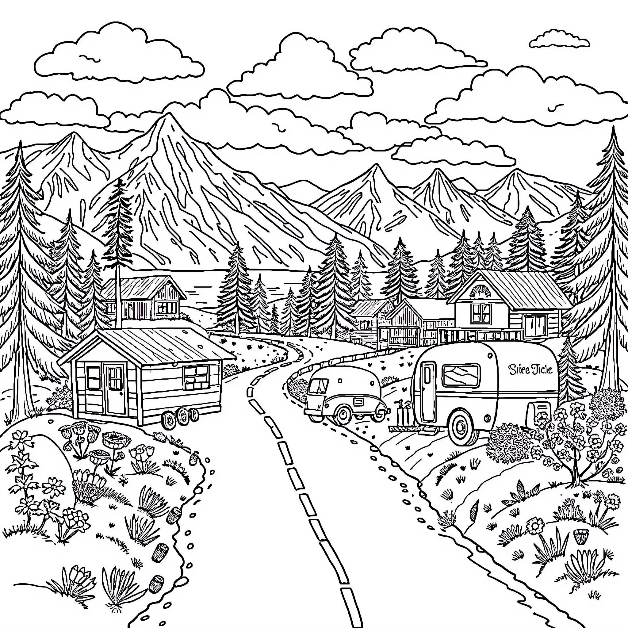 Road Trip to Scenic Mountain Wilderness Coloring Page (free black-and-white line drawing printable PDF for all, from beginners to advanced learners, including children, teens, adults, and seniors)