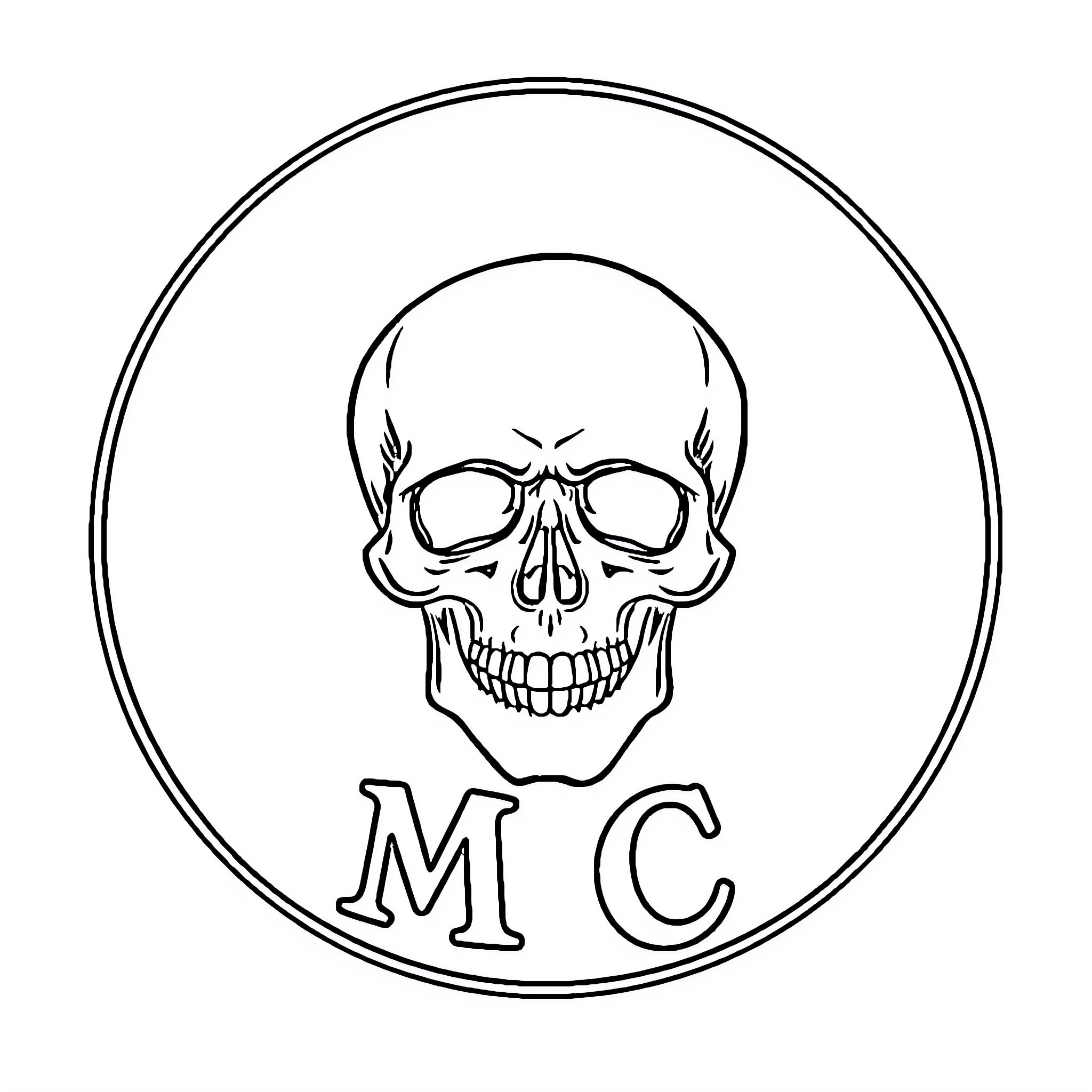 Skull with monogram in circular emblem Coloring Page (free black-and-white line drawing printable PDF for all, from beginners to advanced learners, including children, teens, adults, and seniors)