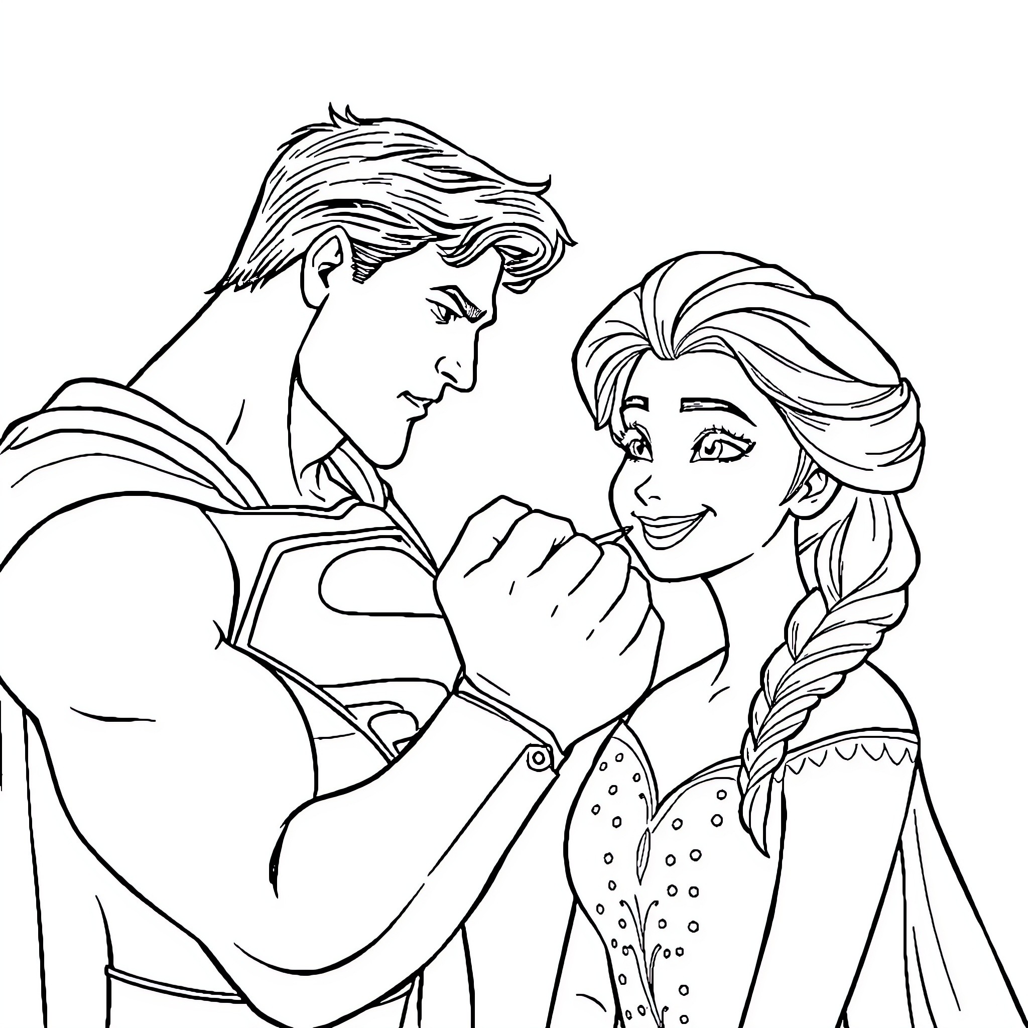 Superman and Elsa's Friendly Embrace Coloring Page (free black-and-white line drawing printable PDF for all, from beginners to advanced learners, including children, teens, adults, and seniors)