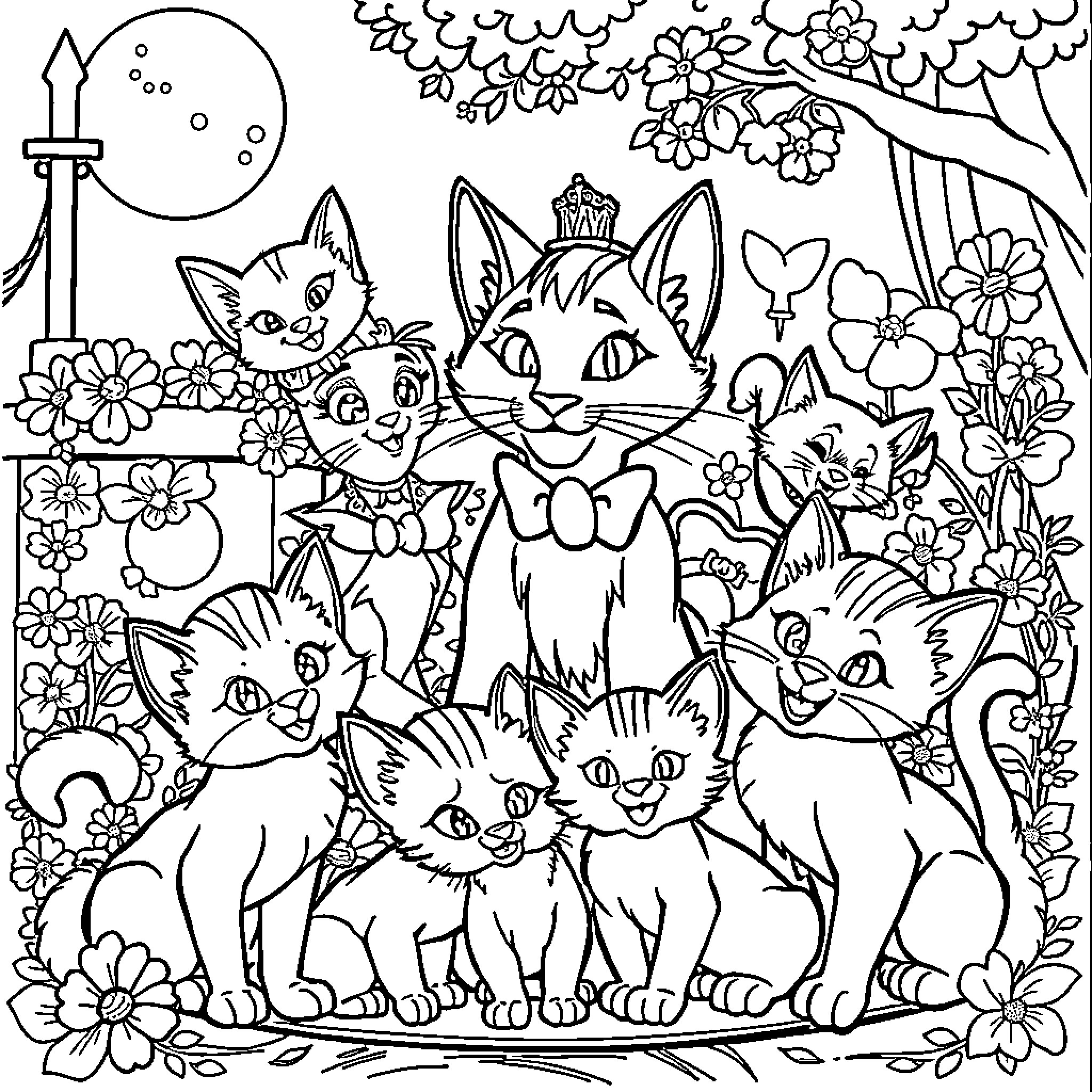 Aristocats playing in a whimsical garden Coloring Page (free black-and-white line drawing printable PDF for all, from beginners to advanced learners, including children, teens, adults, and seniors)