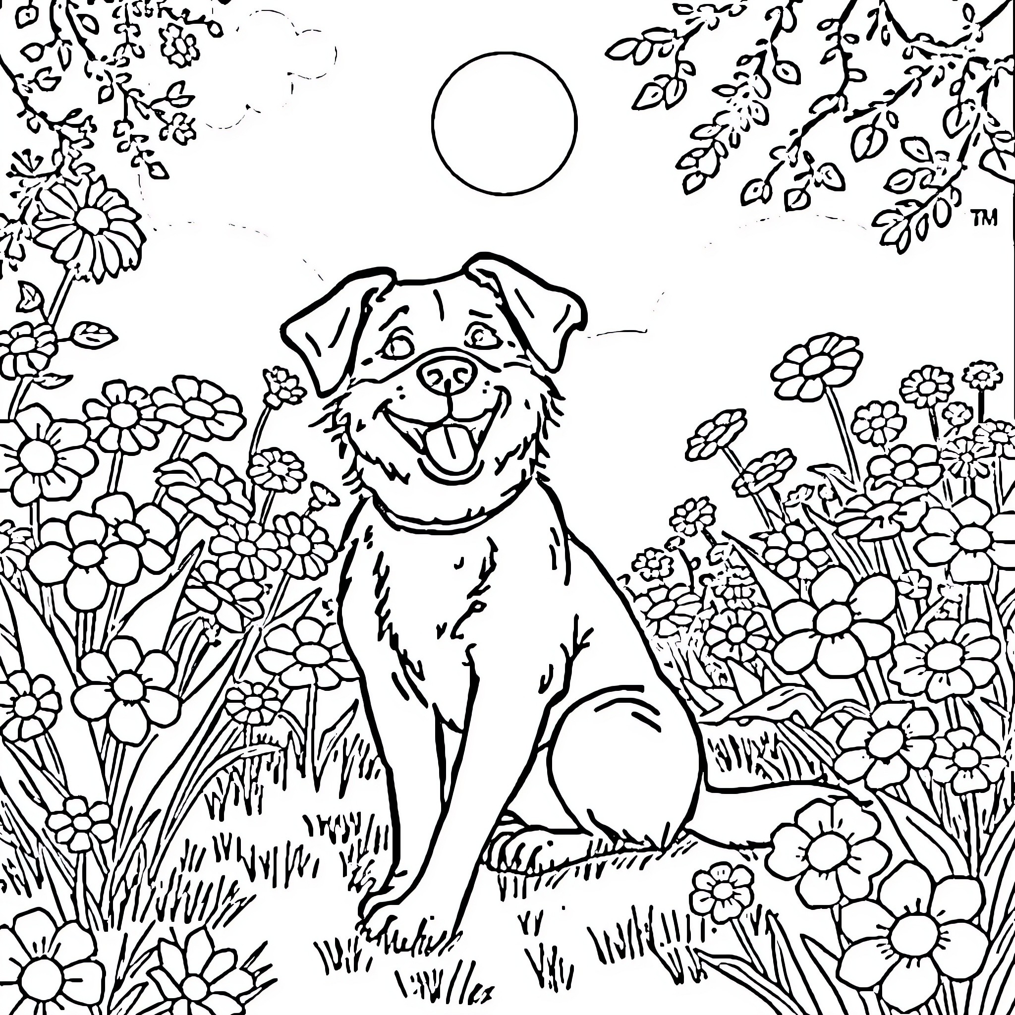 Dog enjoying flowers in the garden Coloring Page (free black-and-white line drawing printable PDF for all, from beginners to advanced learners, including children, teens, adults, and seniors)