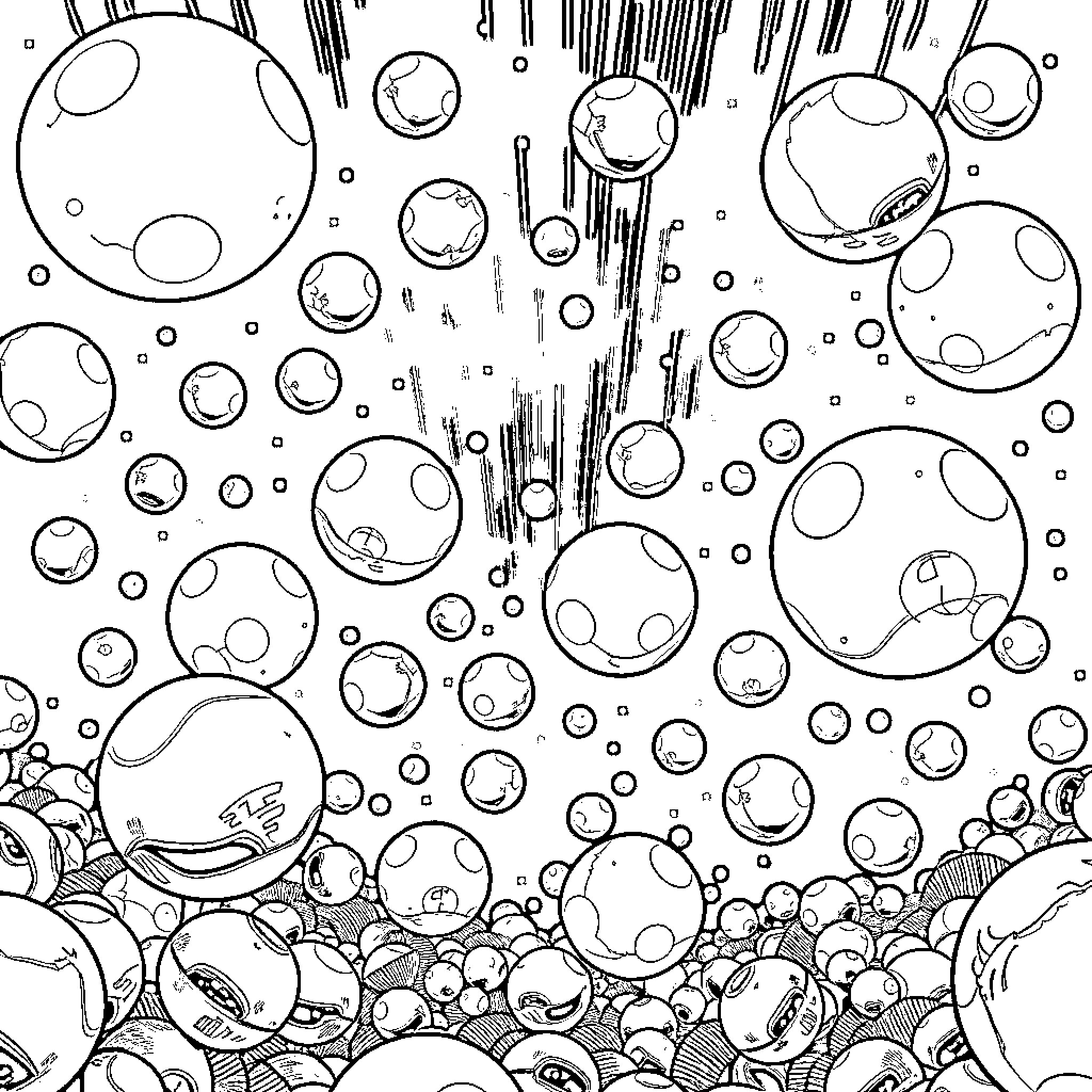 Ball-shaped elements in abstract bubbles design Coloring Page (free black-and-white line drawing printable PDF for all, from beginners to advanced learners, including children, teens, adults, and seniors)