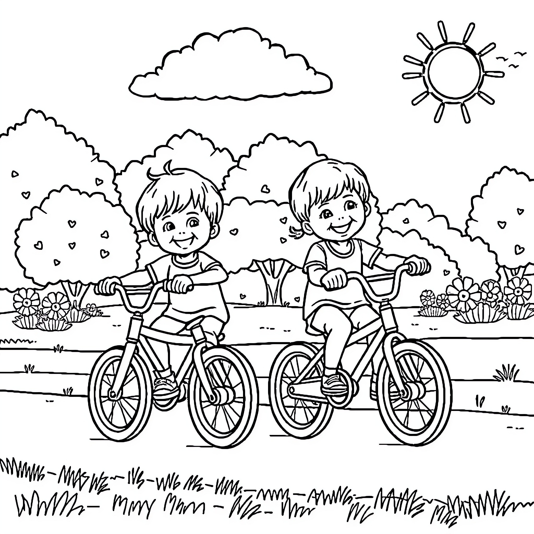 Toddlers riding bicycles in the park Coloring Page (free black-and-white line drawing printable PDF for all, from beginners to advanced learners, including children, teens, adults, and seniors)